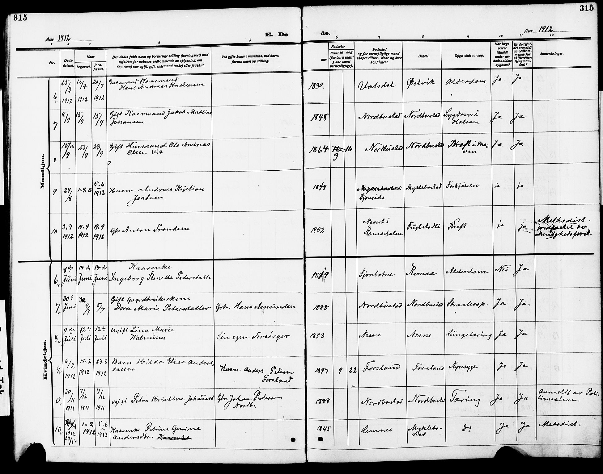 Ministerialprotokoller, klokkerbøker og fødselsregistre - Nordland, AV/SAT-A-1459/838/L0560: Parish register (copy) no. 838C07, 1910-1928, p. 315