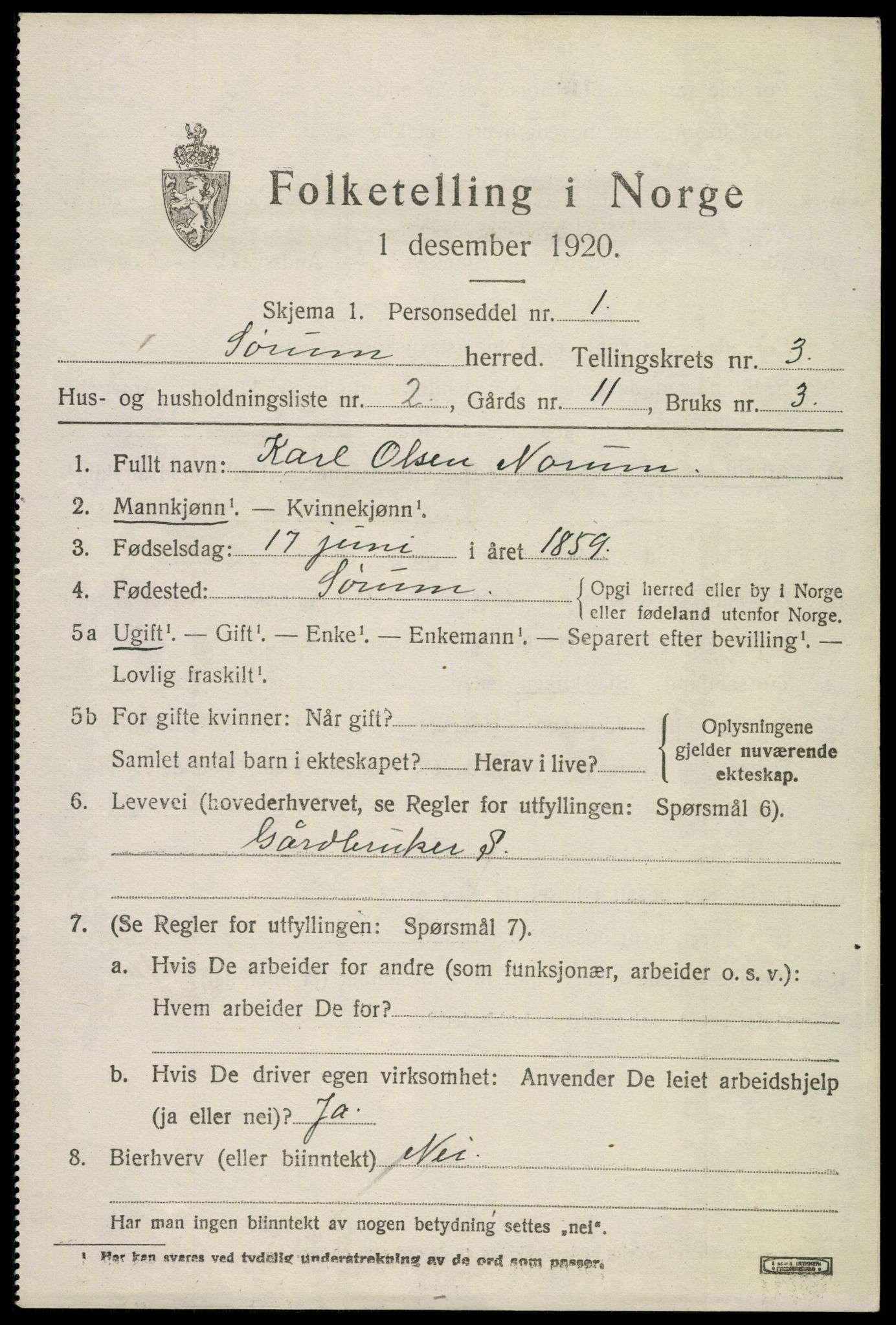 SAO, 1920 census for Sørum, 1920, p. 2203