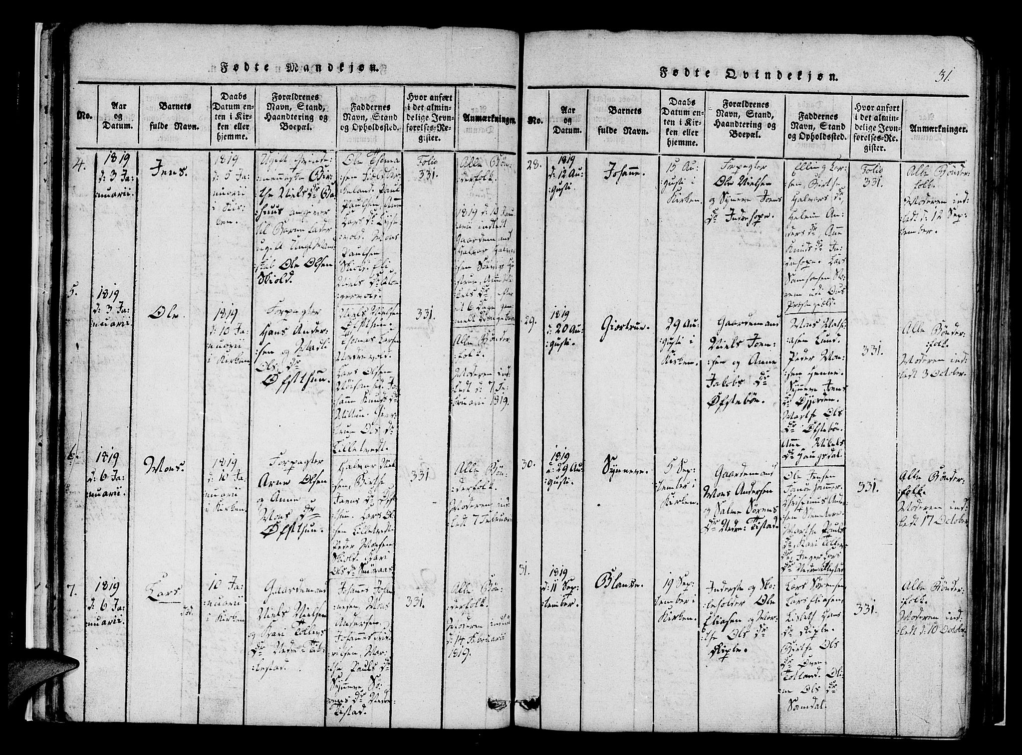 Fana Sokneprestembete, SAB/A-75101/H/Haa/Haaa/L0007: Parish register (official) no. A 7, 1816-1828, p. 31