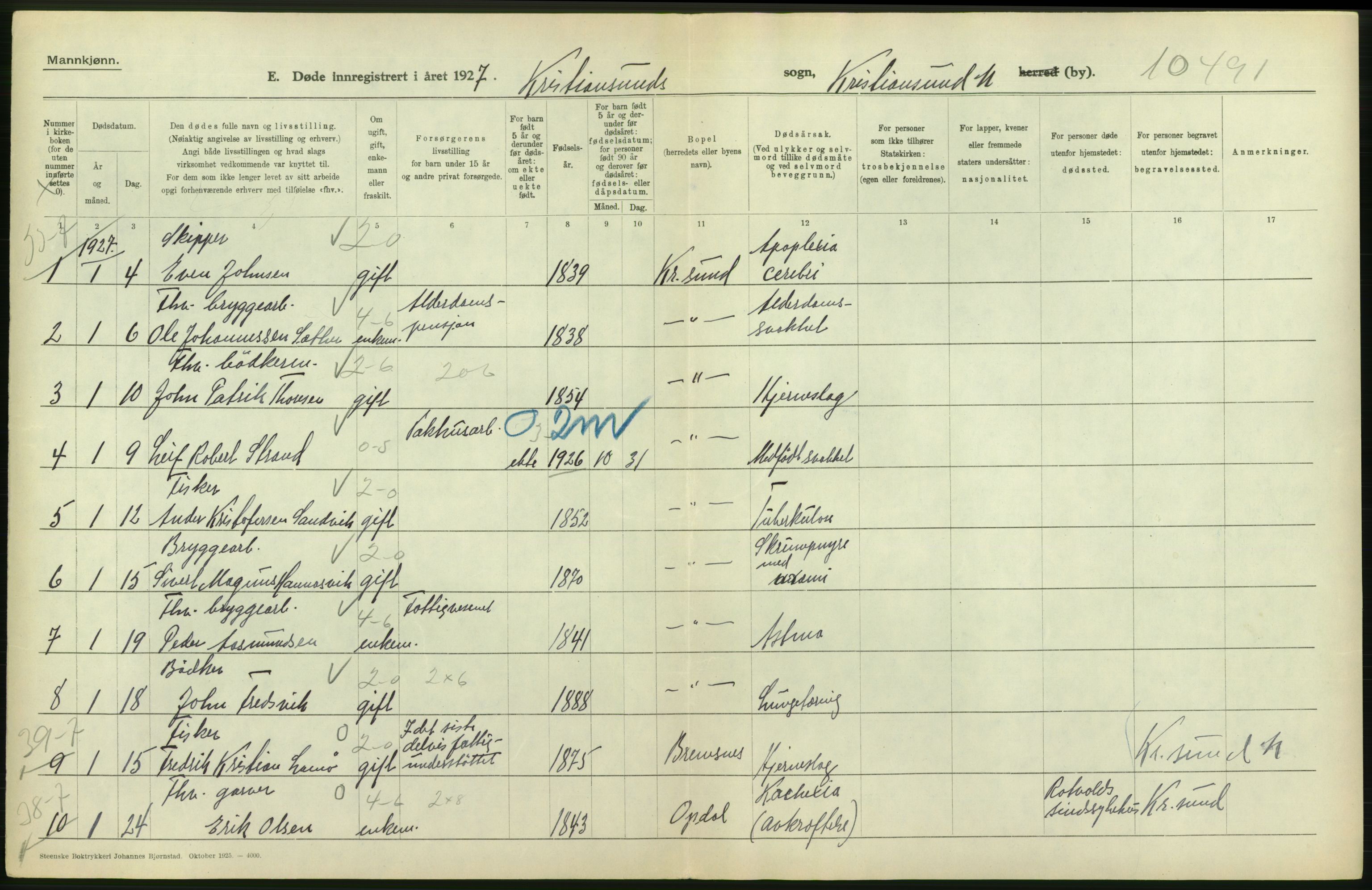 Statistisk sentralbyrå, Sosiodemografiske emner, Befolkning, AV/RA-S-2228/D/Df/Dfc/Dfcg/L0034: Møre fylke: Døde. Bygder og byer., 1927, p. 82