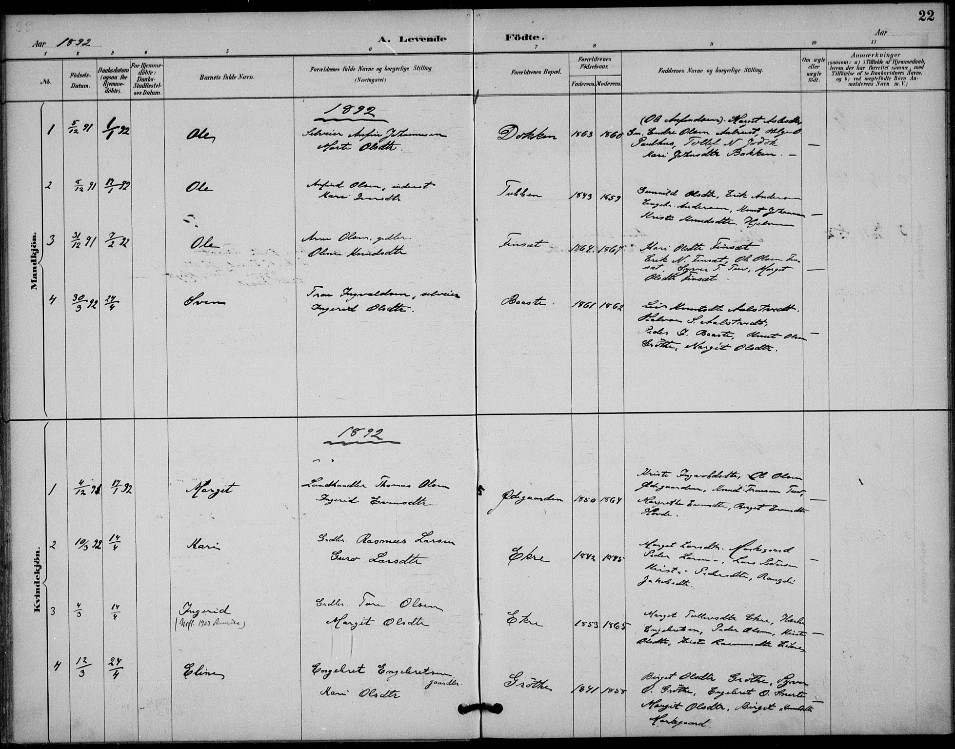 Gol kirkebøker, AV/SAKO-A-226/F/Fb/L0001: Parish register (official) no. II 1, 1887-1900, p. 22