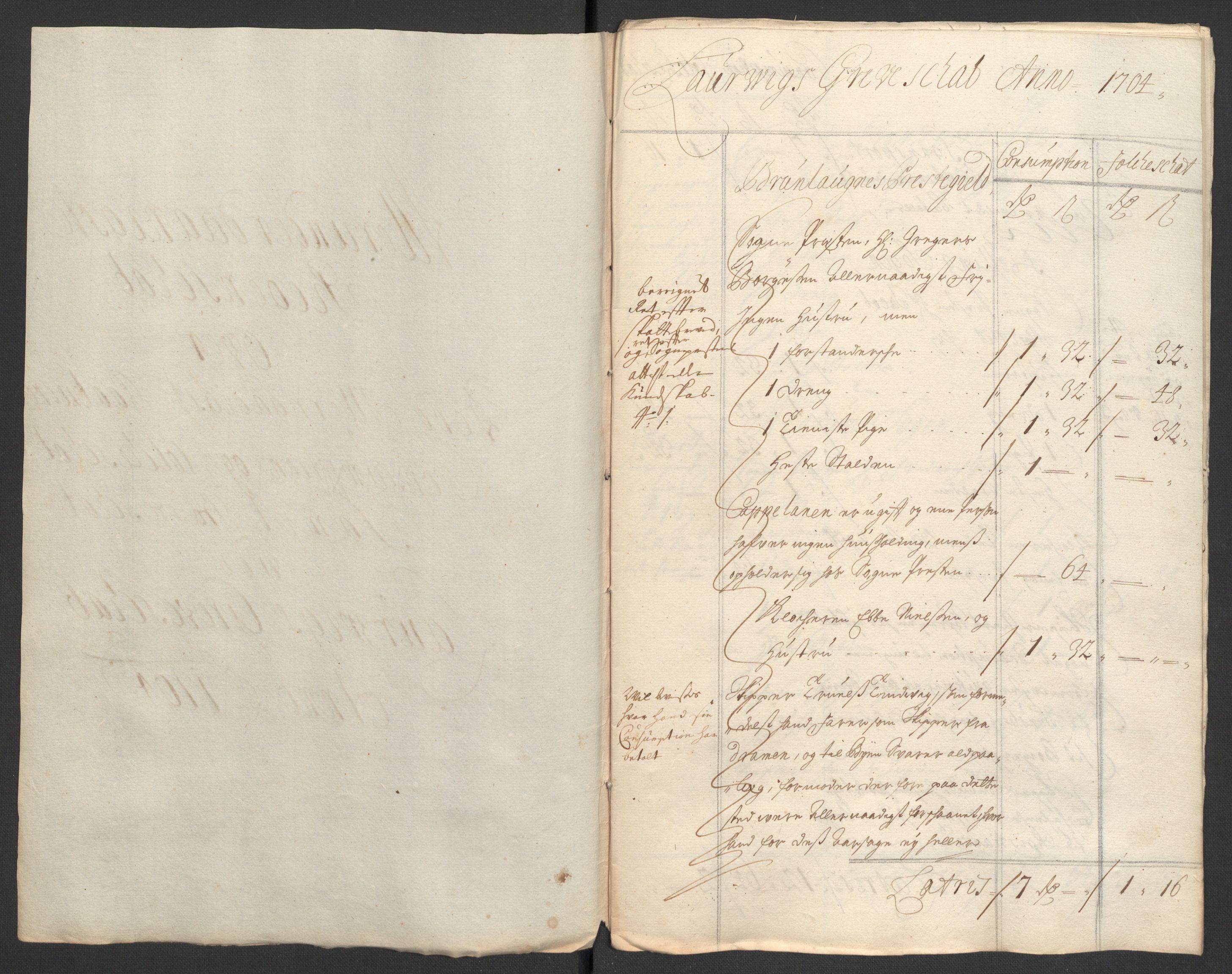 Rentekammeret inntil 1814, Reviderte regnskaper, Fogderegnskap, RA/EA-4092/R33/L1978: Fogderegnskap Larvik grevskap, 1704-1705, p. 150