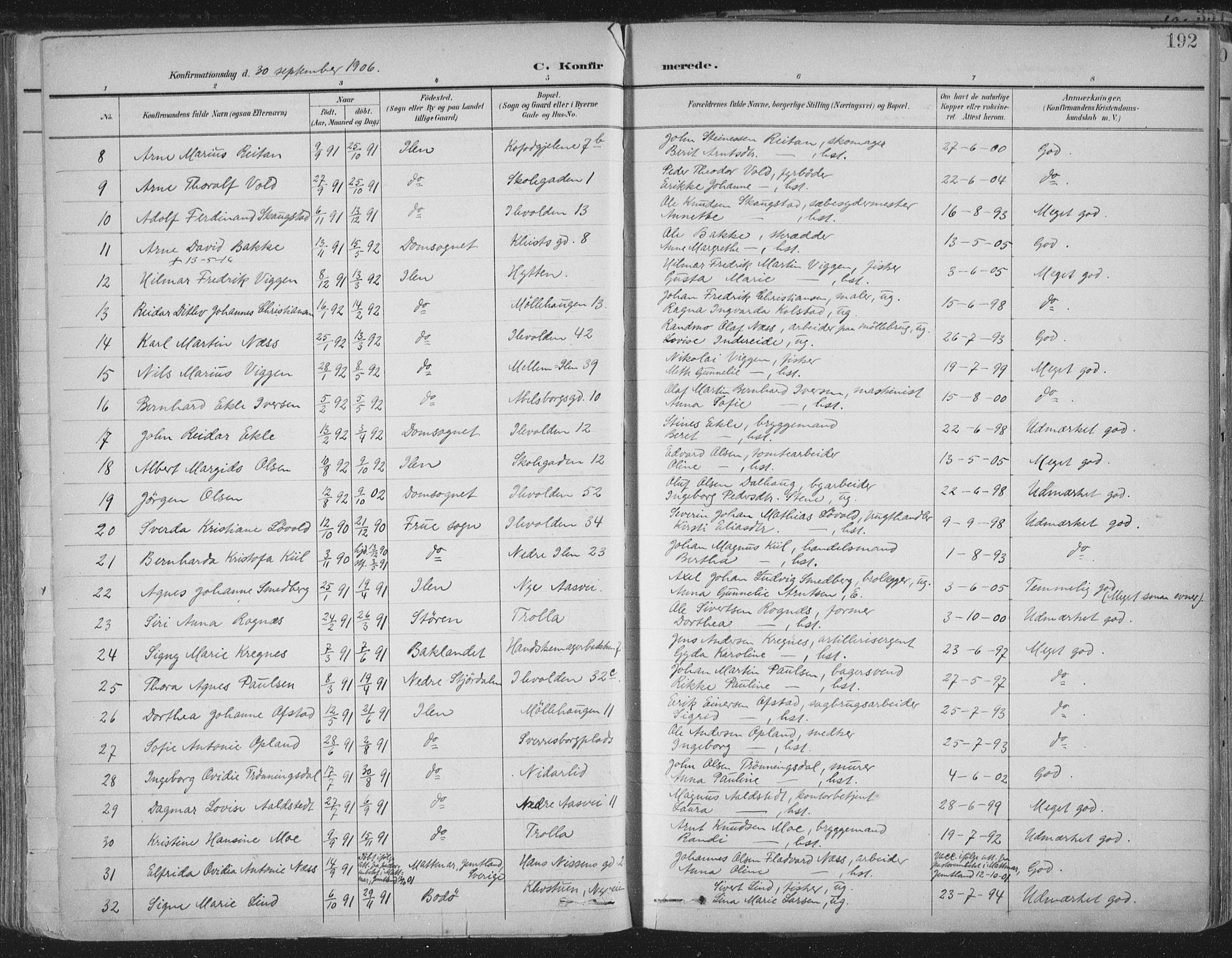 Ministerialprotokoller, klokkerbøker og fødselsregistre - Sør-Trøndelag, AV/SAT-A-1456/603/L0167: Parish register (official) no. 603A06, 1896-1932, p. 192