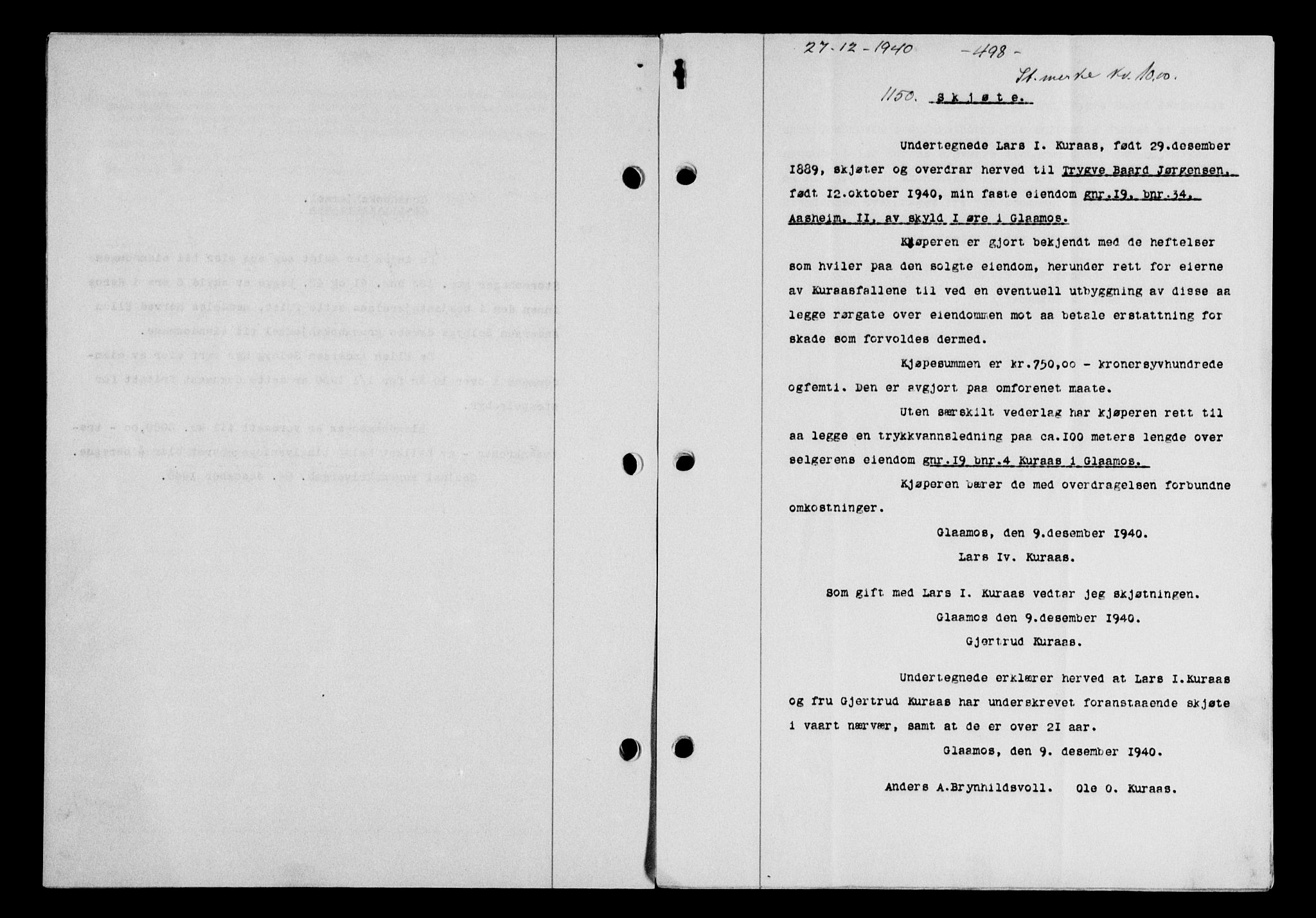 Gauldal sorenskriveri, SAT/A-0014/1/2/2C/L0052: Mortgage book no. 57, 1940-1941, Diary no: : 1150/1940