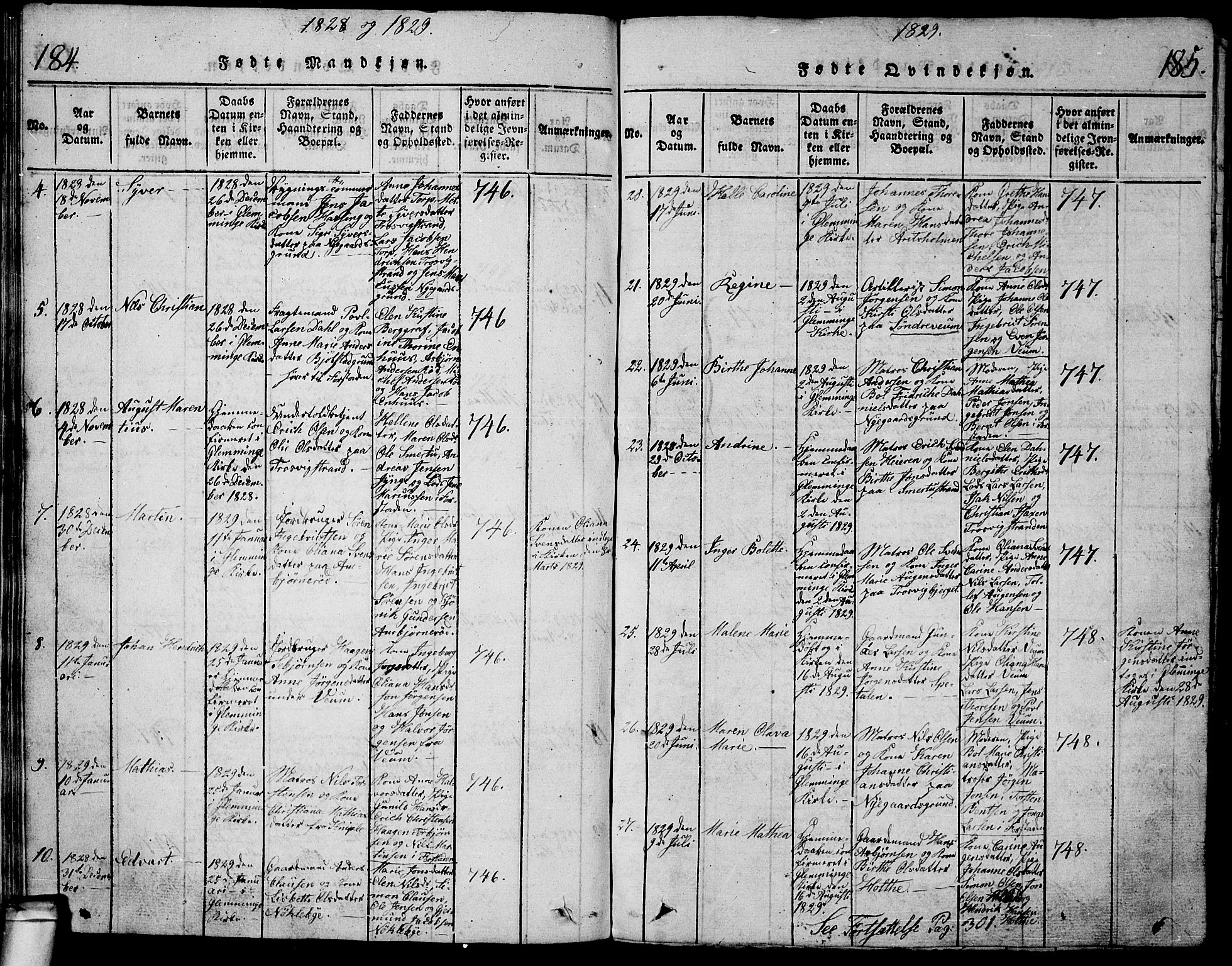 Glemmen prestekontor Kirkebøker, SAO/A-10908/G/Ga/L0001: Parish register (copy) no. 1, 1816-1838, p. 184-185