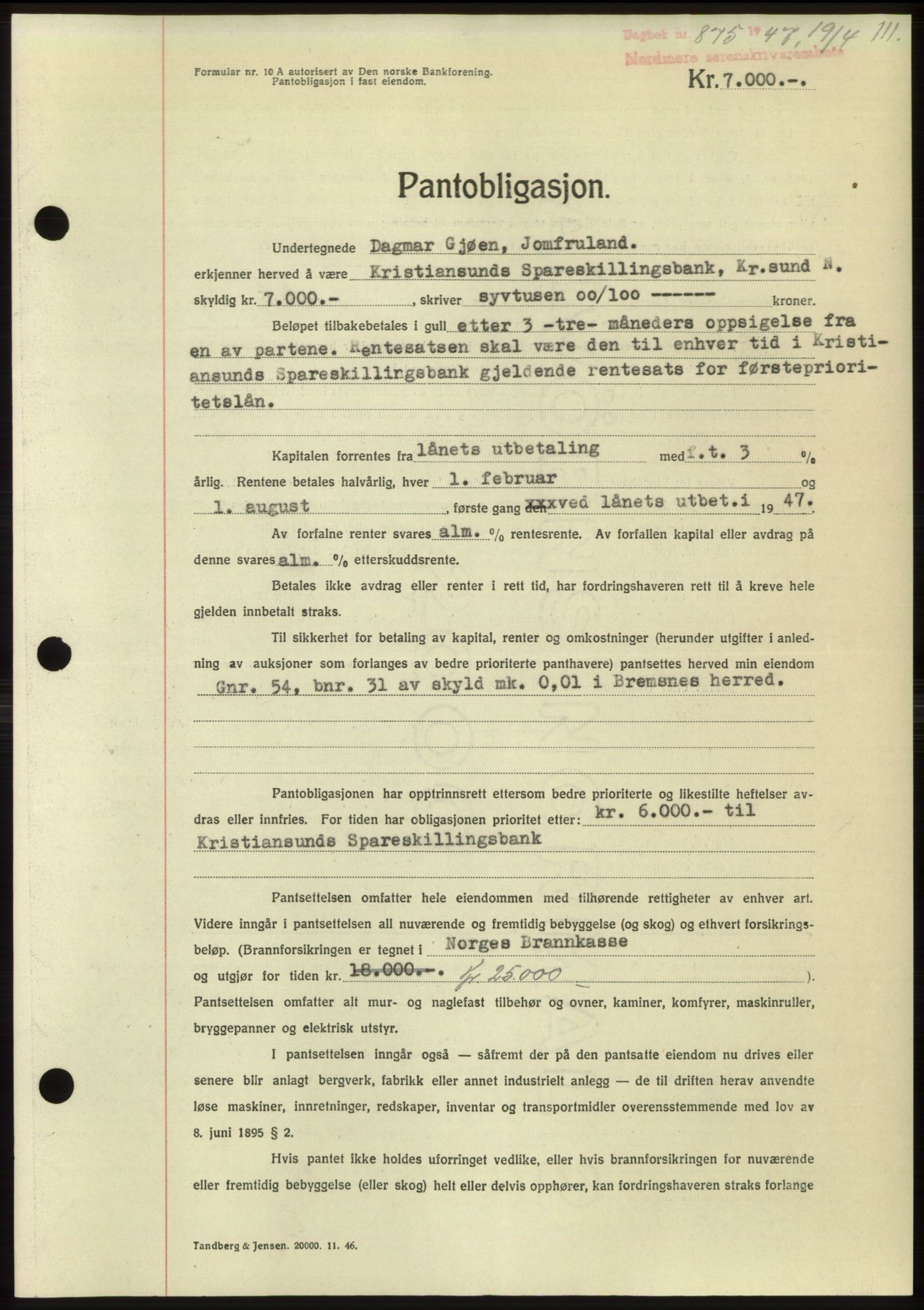 Nordmøre sorenskriveri, AV/SAT-A-4132/1/2/2Ca: Mortgage book no. B96, 1947-1947, Diary no: : 875/1947