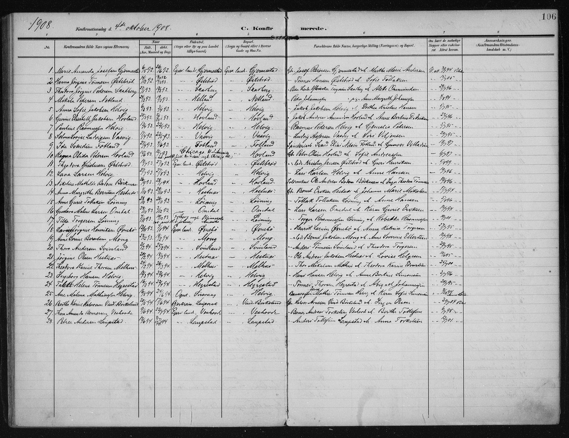 Eigersund sokneprestkontor, AV/SAST-A-101807/001/30/30BA/L0021: Parish register (official) no. A 20, 1906-1928, p. 106