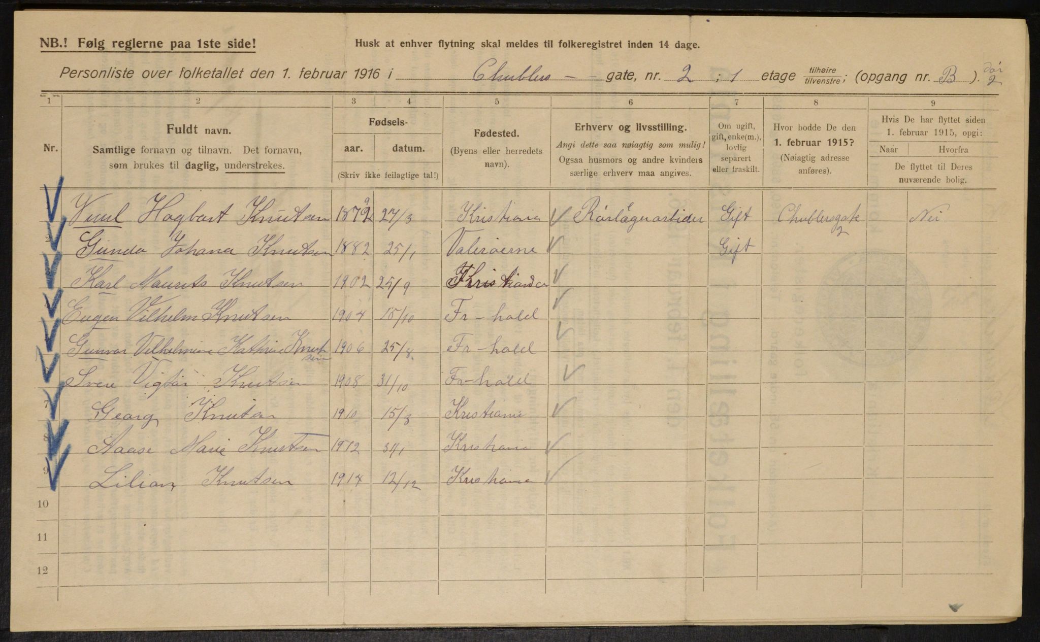 OBA, Municipal Census 1916 for Kristiania, 1916, p. 95119