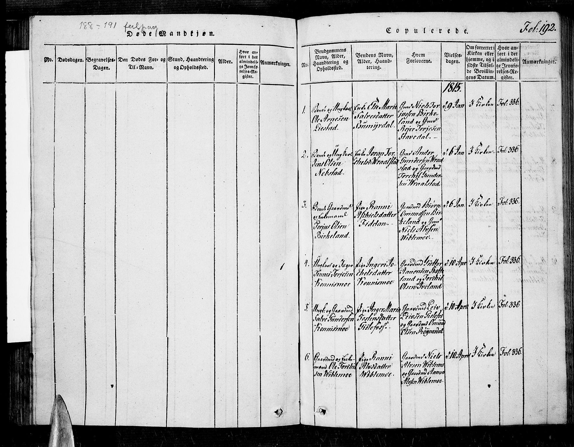 Nord-Audnedal sokneprestkontor, SAK/1111-0032/F/Fa/Faa/L0001: Parish register (official) no. A 1, 1815-1856, p. 192