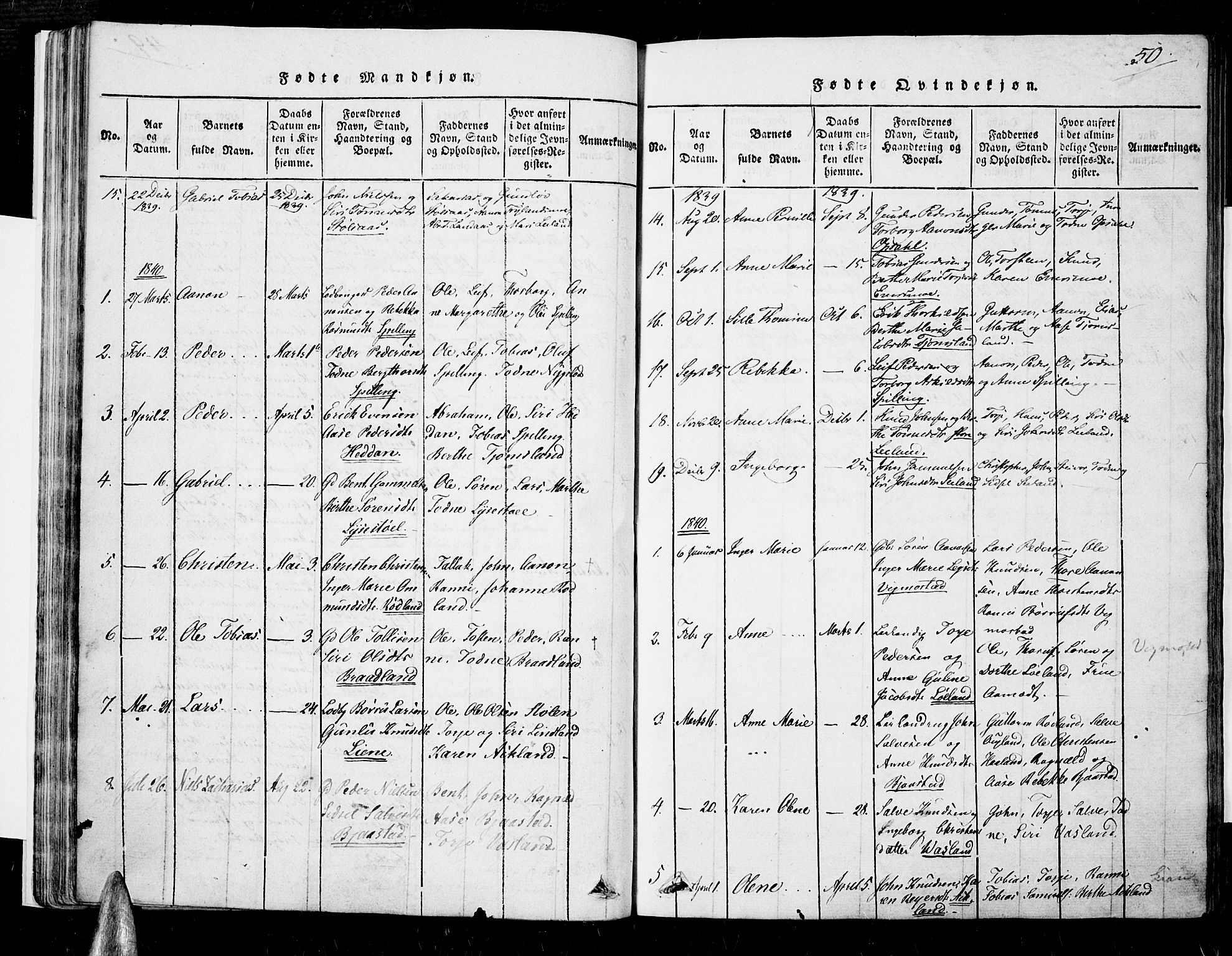 Nord-Audnedal sokneprestkontor, SAK/1111-0032/F/Fa/Fab/L0001: Parish register (official) no. A 1, 1816-1858, p. 50