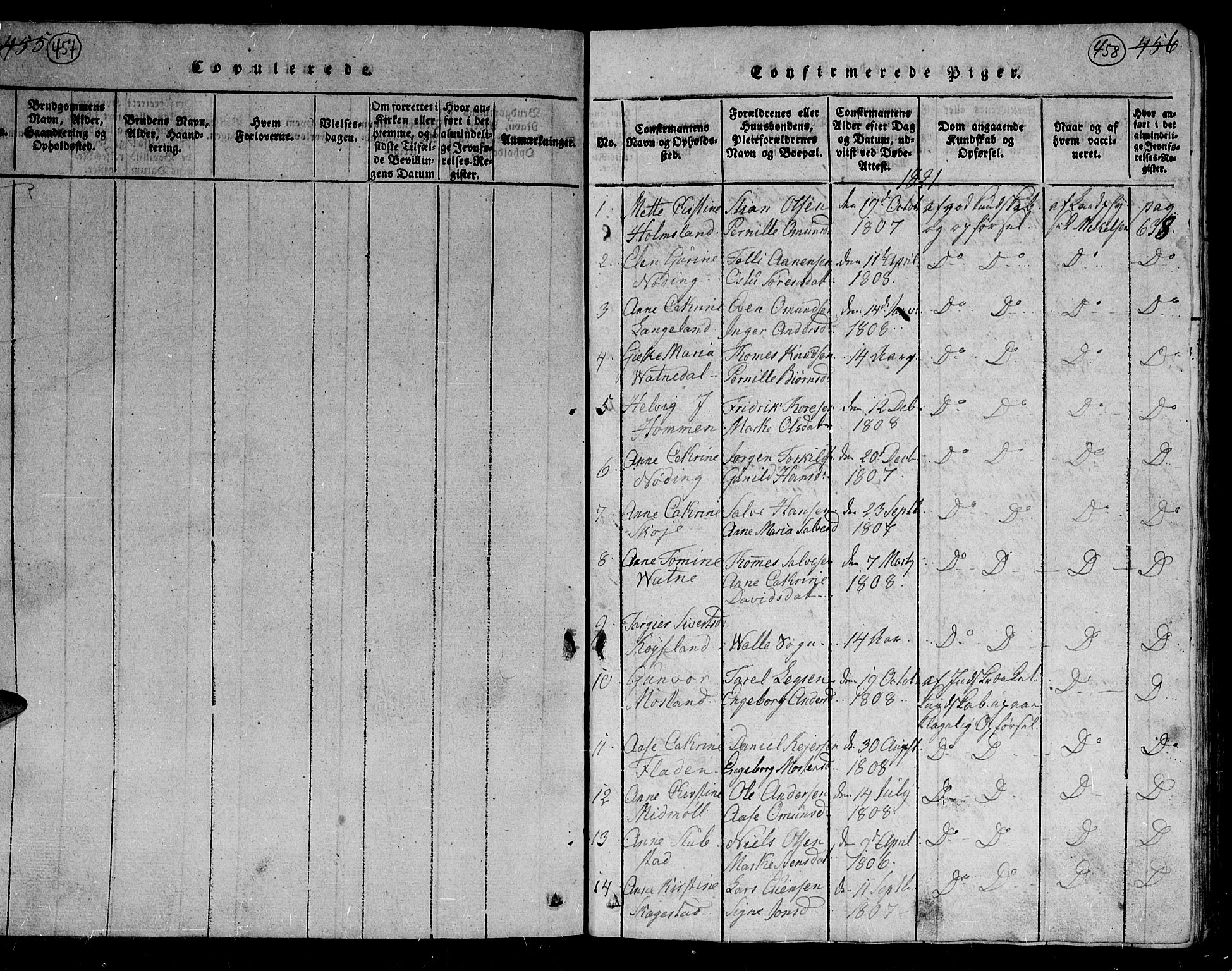Holum sokneprestkontor, SAK/1111-0022/F/Fb/Fba/L0002: Parish register (copy) no. B 2, 1820-1849, p. 457-458