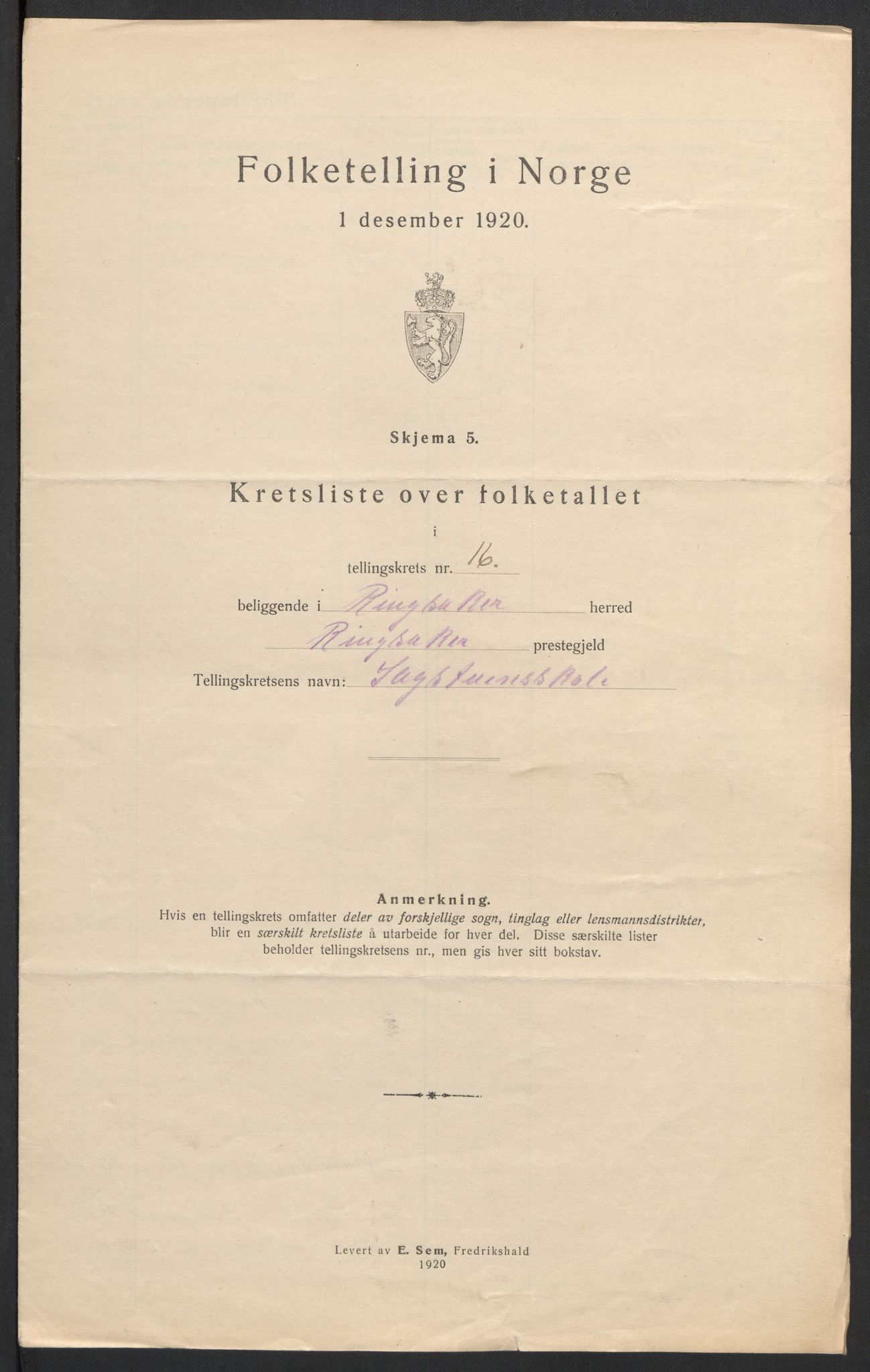 SAH, 1920 census for Ringsaker, 1920, p. 84