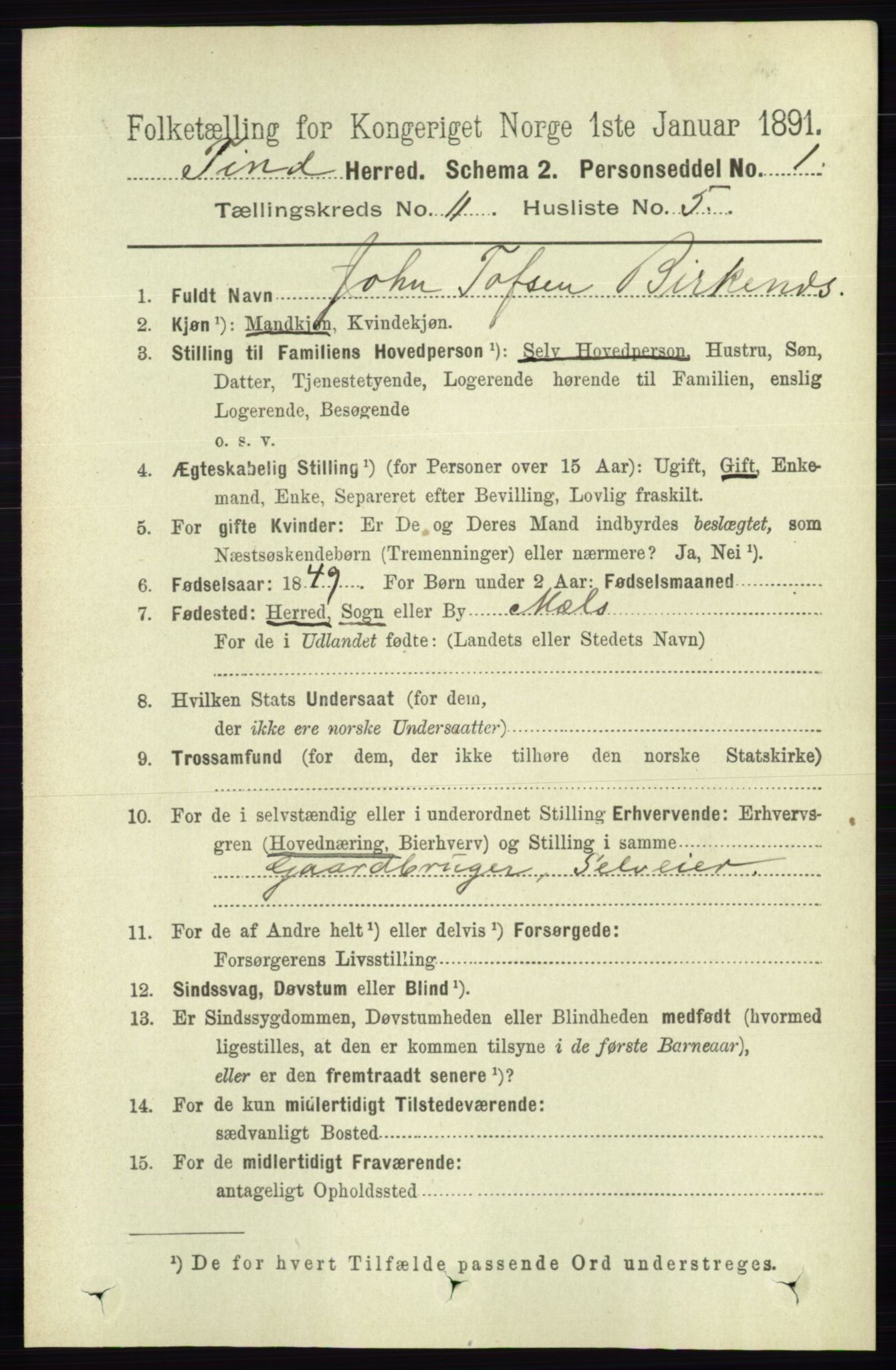 RA, 1891 census for 0826 Tinn, 1891, p. 2152