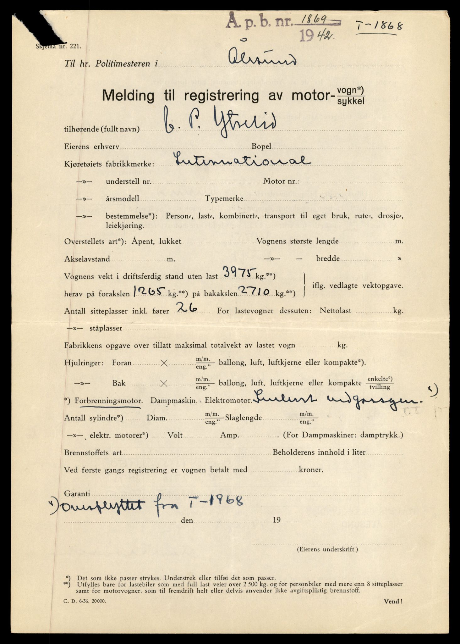 Møre og Romsdal vegkontor - Ålesund trafikkstasjon, AV/SAT-A-4099/F/Fe/L0010: Registreringskort for kjøretøy T 1050 - T 1169, 1927-1998, p. 2841