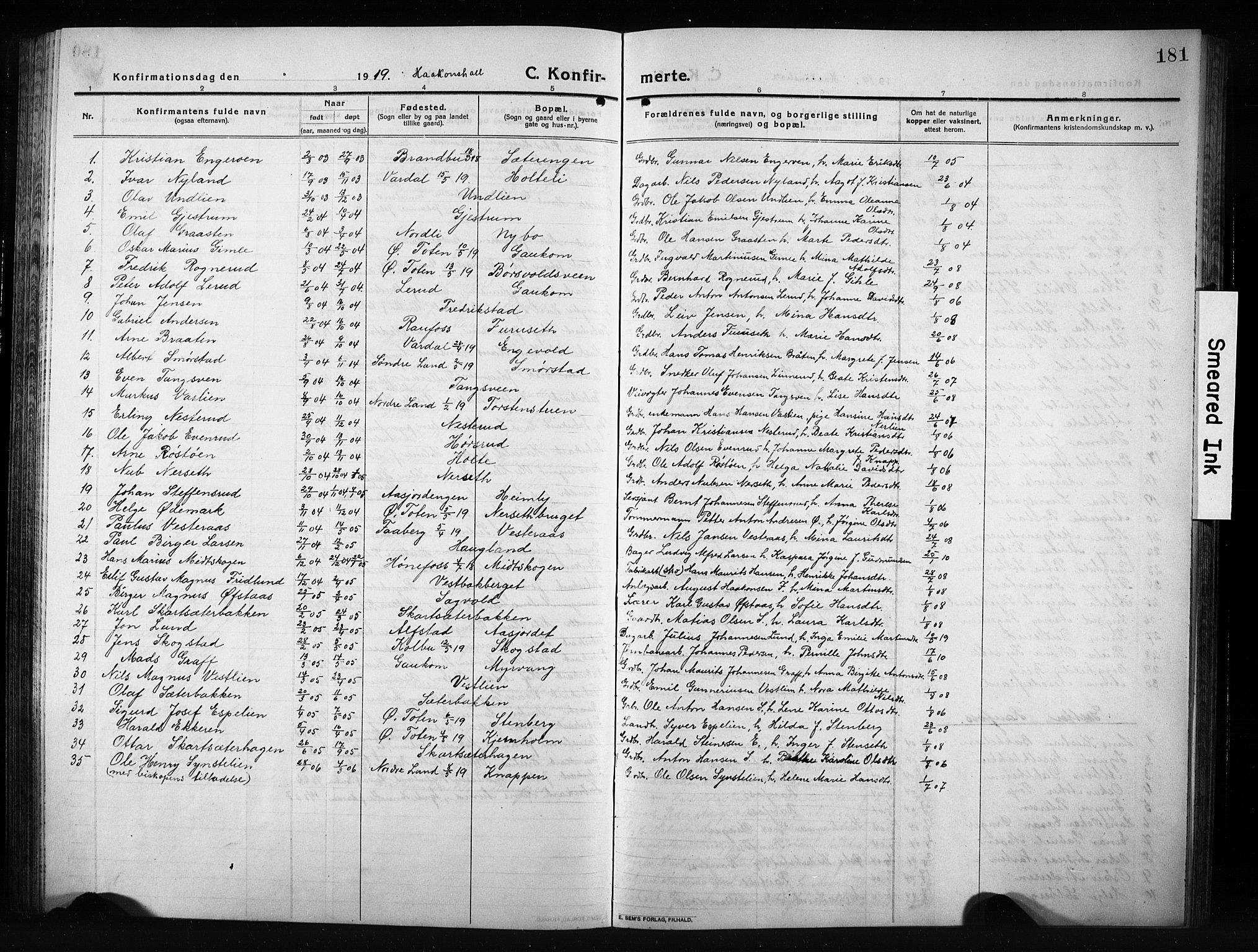 Vestre Toten prestekontor, AV/SAH-PREST-108/H/Ha/Hab/L0012: Parish register (copy) no. 12, 1909-1928, p. 181