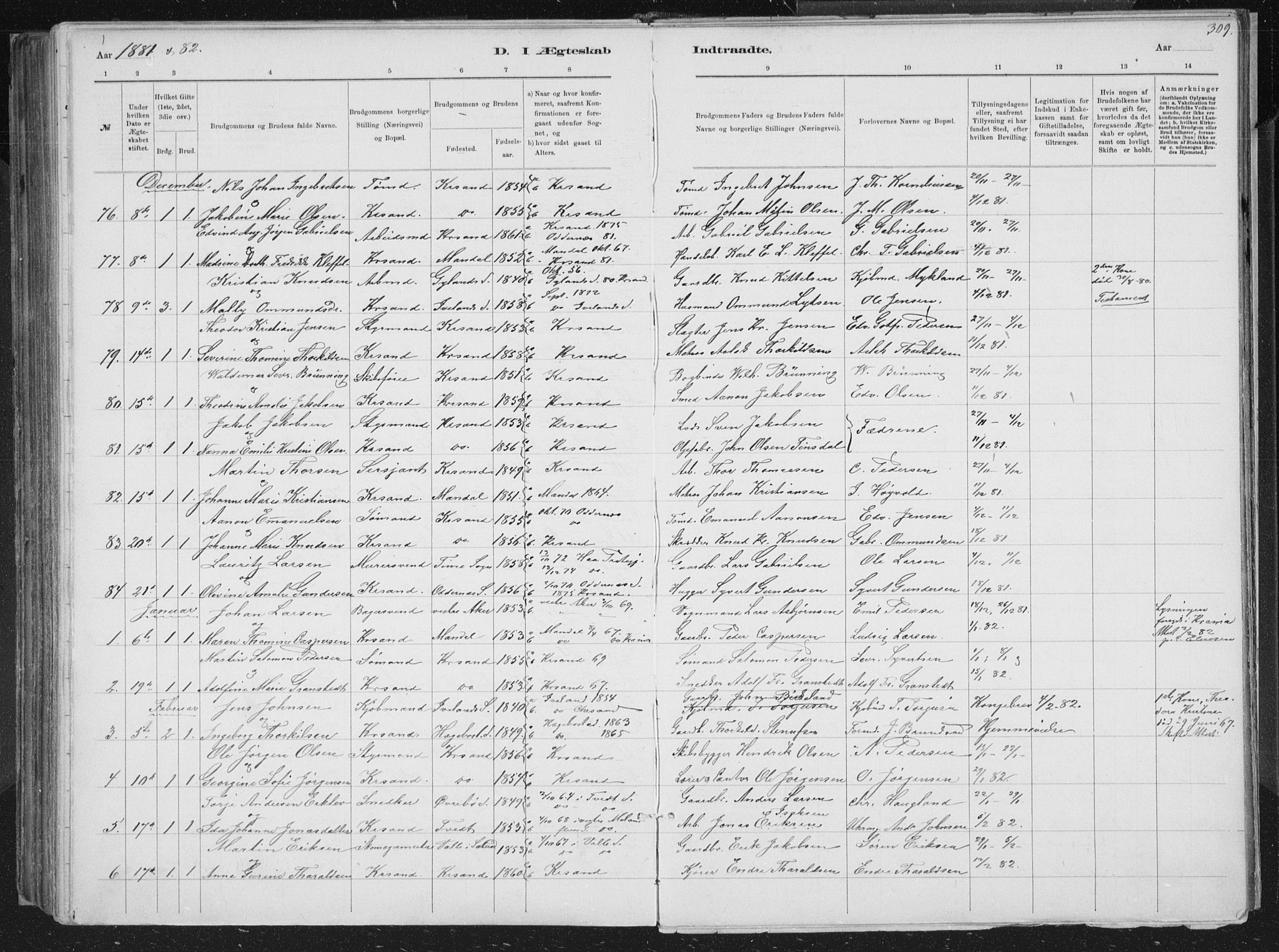Kristiansand domprosti, AV/SAK-1112-0006/F/Fb/L0014: Parish register (copy) no. B 14, 1881-1896, p. 309