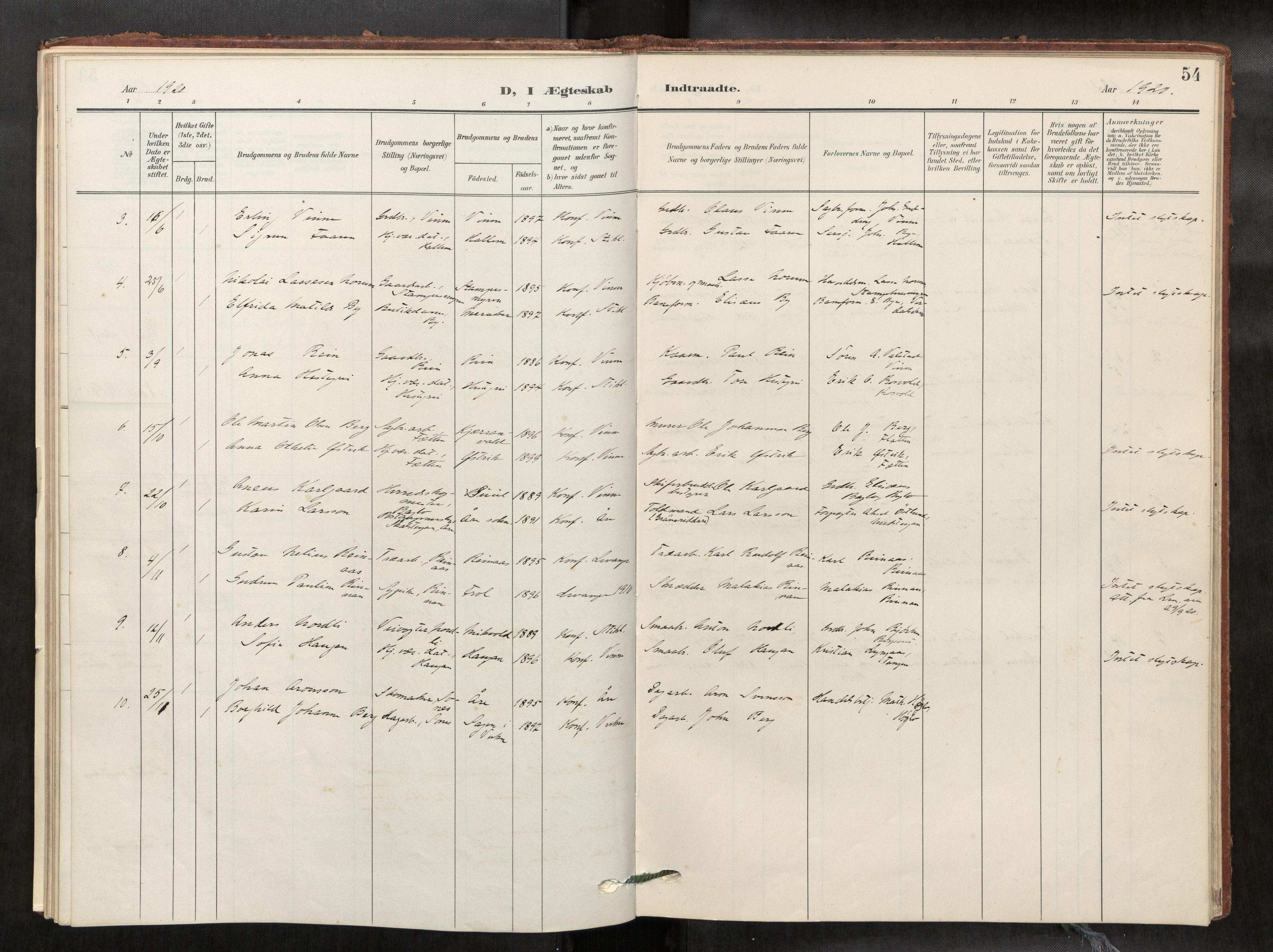 Verdal sokneprestkontor, AV/SAT-A-1156/2/H/Haa/L0003: Parish register (official) no. 3, 1907-1921, p. 54