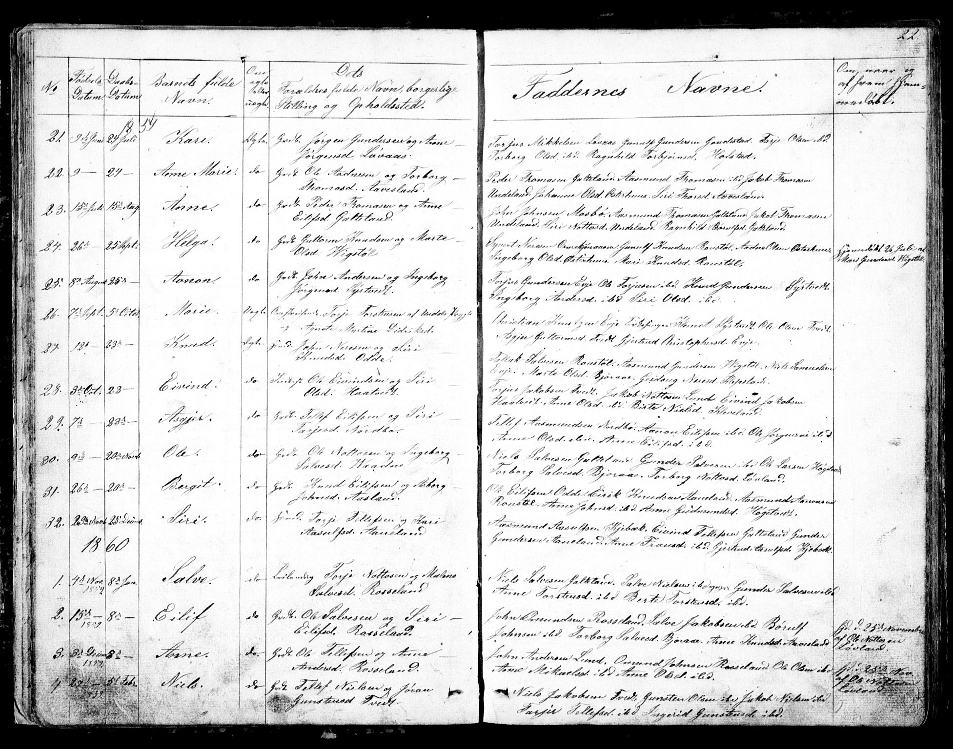 Evje sokneprestkontor, SAK/1111-0008/F/Fb/Fba/L0002: Parish register (copy) no. B 2, 1849-1896, p. 22