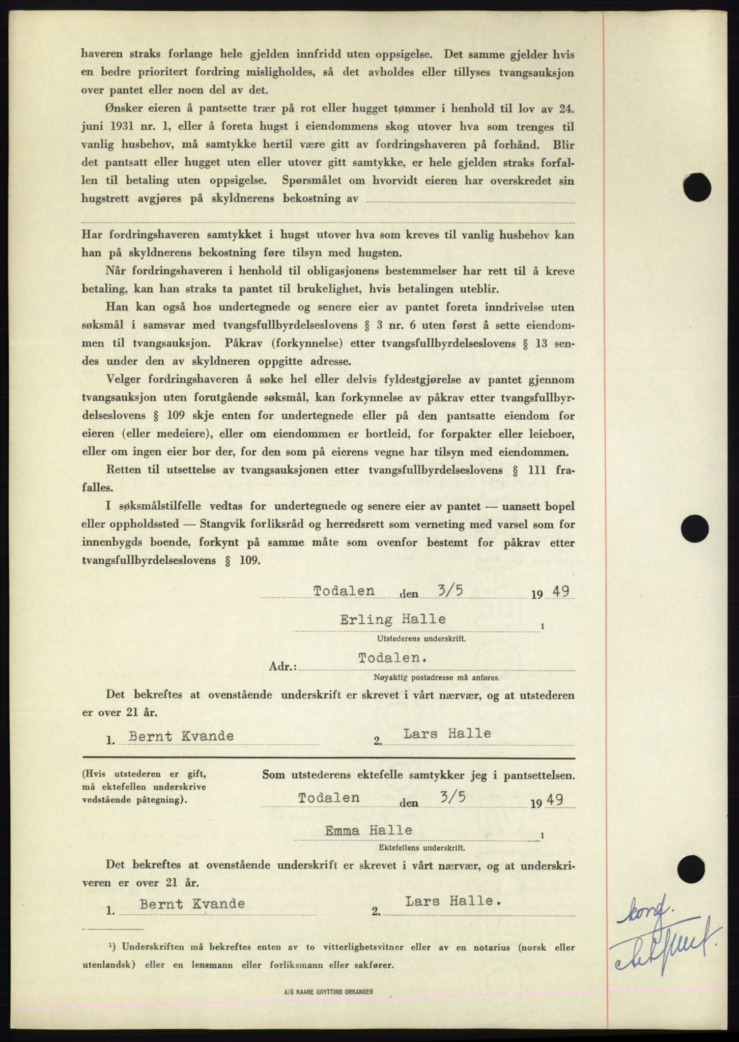 Nordmøre sorenskriveri, AV/SAT-A-4132/1/2/2Ca: Mortgage book no. B101, 1949-1949, Diary no: : 1285/1949