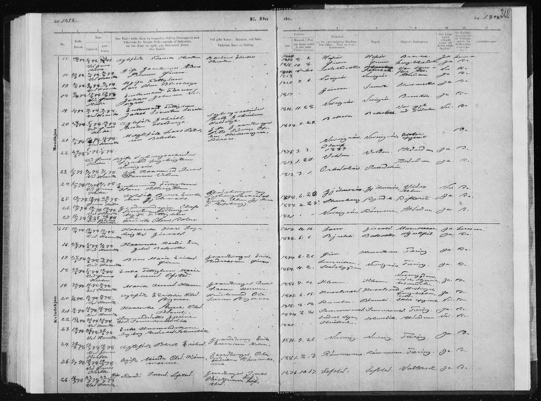 Ministerialprotokoller, klokkerbøker og fødselsregistre - Sør-Trøndelag, SAT/A-1456/668/L0818: Parish register (copy) no. 668C07, 1885-1898, p. 348