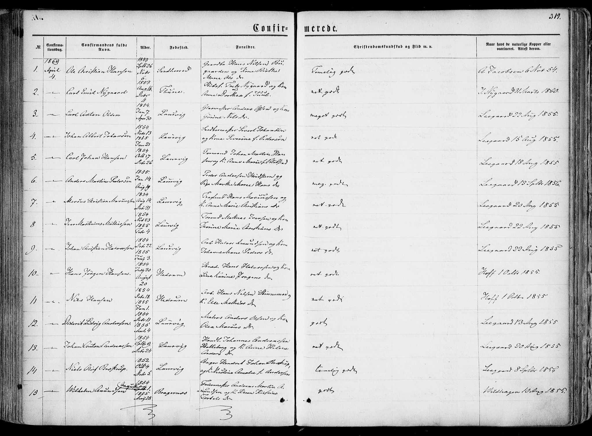 Larvik kirkebøker, SAKO/A-352/F/Fa/L0004: Parish register (official) no. I 4, 1856-1870, p. 319
