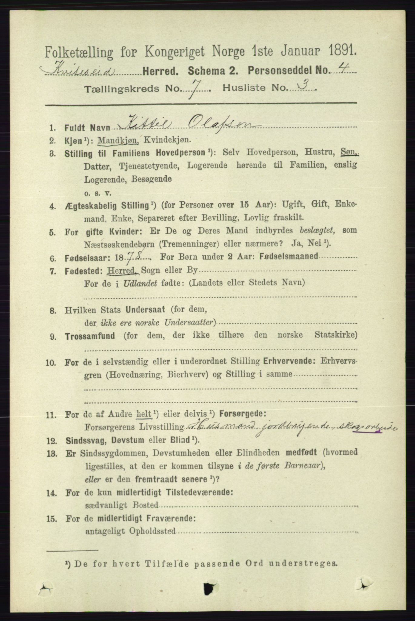 RA, 1891 census for 0829 Kviteseid, 1891, p. 1380