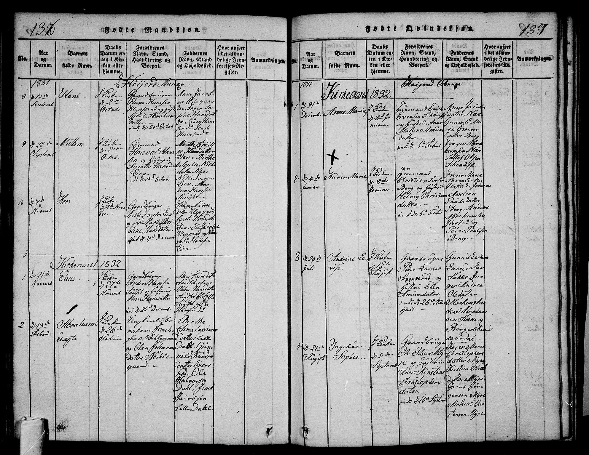 Andebu kirkebøker, AV/SAKO-A-336/G/Ga/L0002: Parish register (copy) no. I 2 /2, 1823-1832, p. 136-137