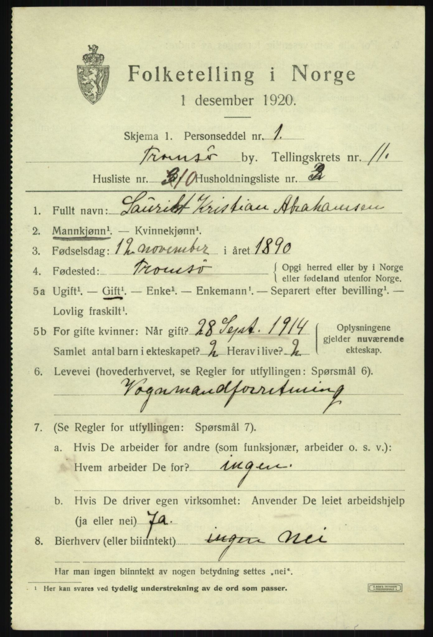 SATØ, 1920 census for Tromsø, 1920, p. 22175
