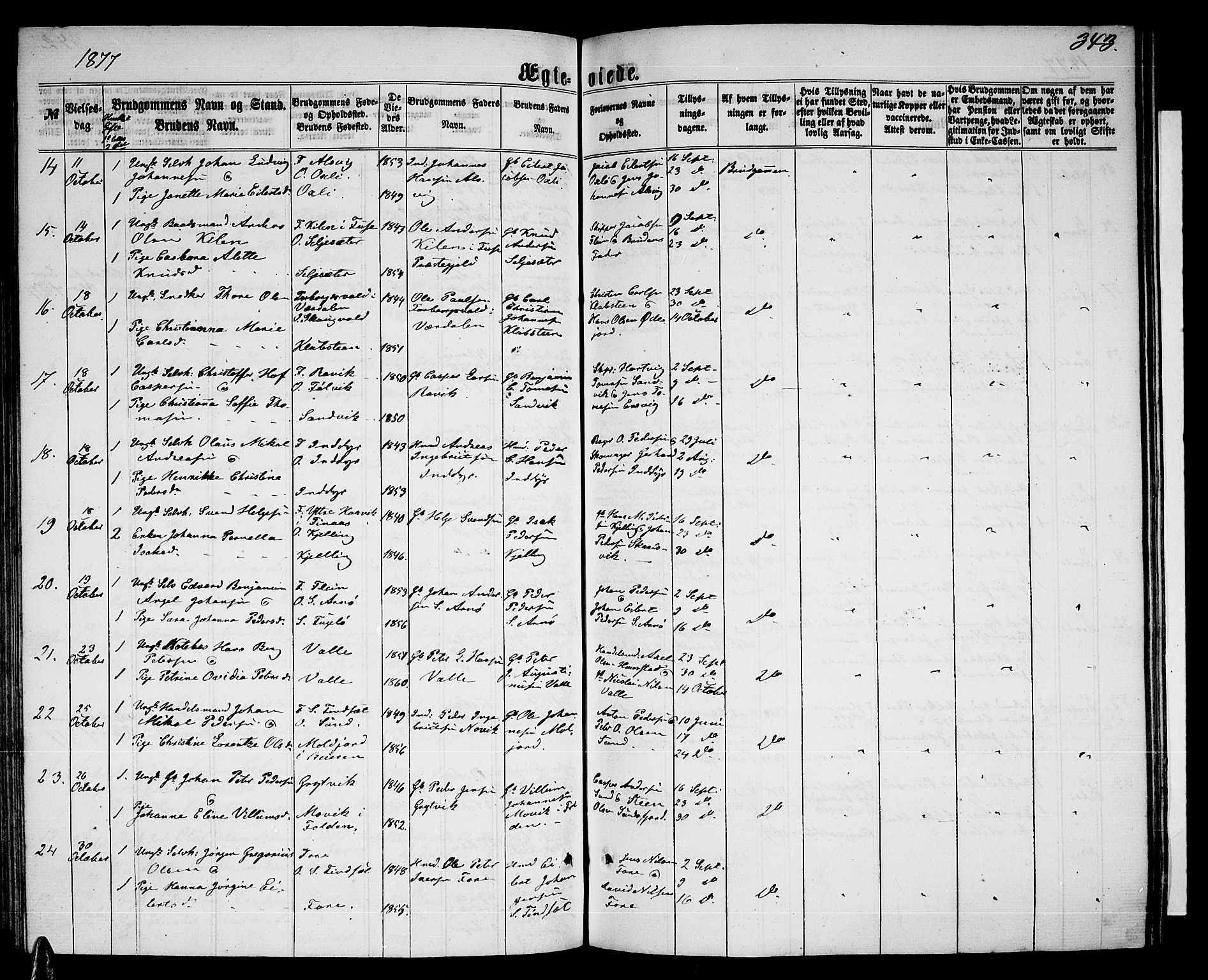 Ministerialprotokoller, klokkerbøker og fødselsregistre - Nordland, AV/SAT-A-1459/805/L0107: Parish register (copy) no. 805C03, 1862-1885, p. 343