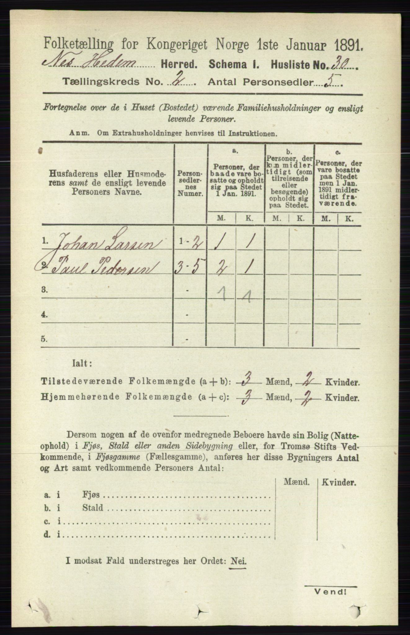 RA, 1891 census for 0411 Nes, 1891, p. 1034