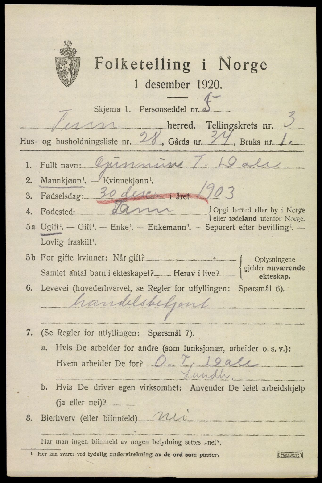 SAKO, 1920 census for Tinn, 1920, p. 3586