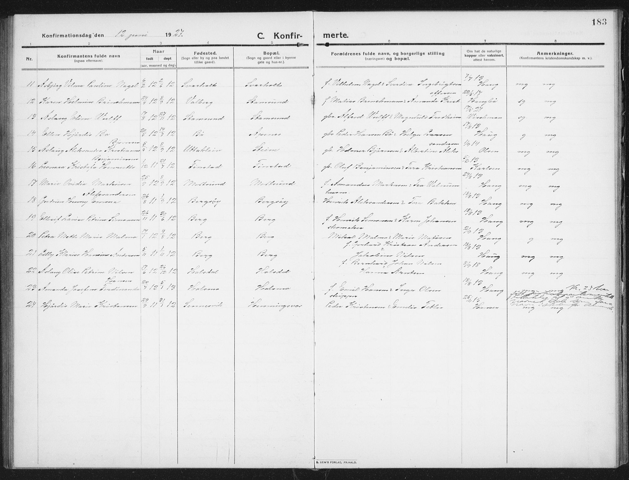 Ministerialprotokoller, klokkerbøker og fødselsregistre - Nordland, AV/SAT-A-1459/882/L1183: Parish register (copy) no. 882C01, 1911-1938, p. 183