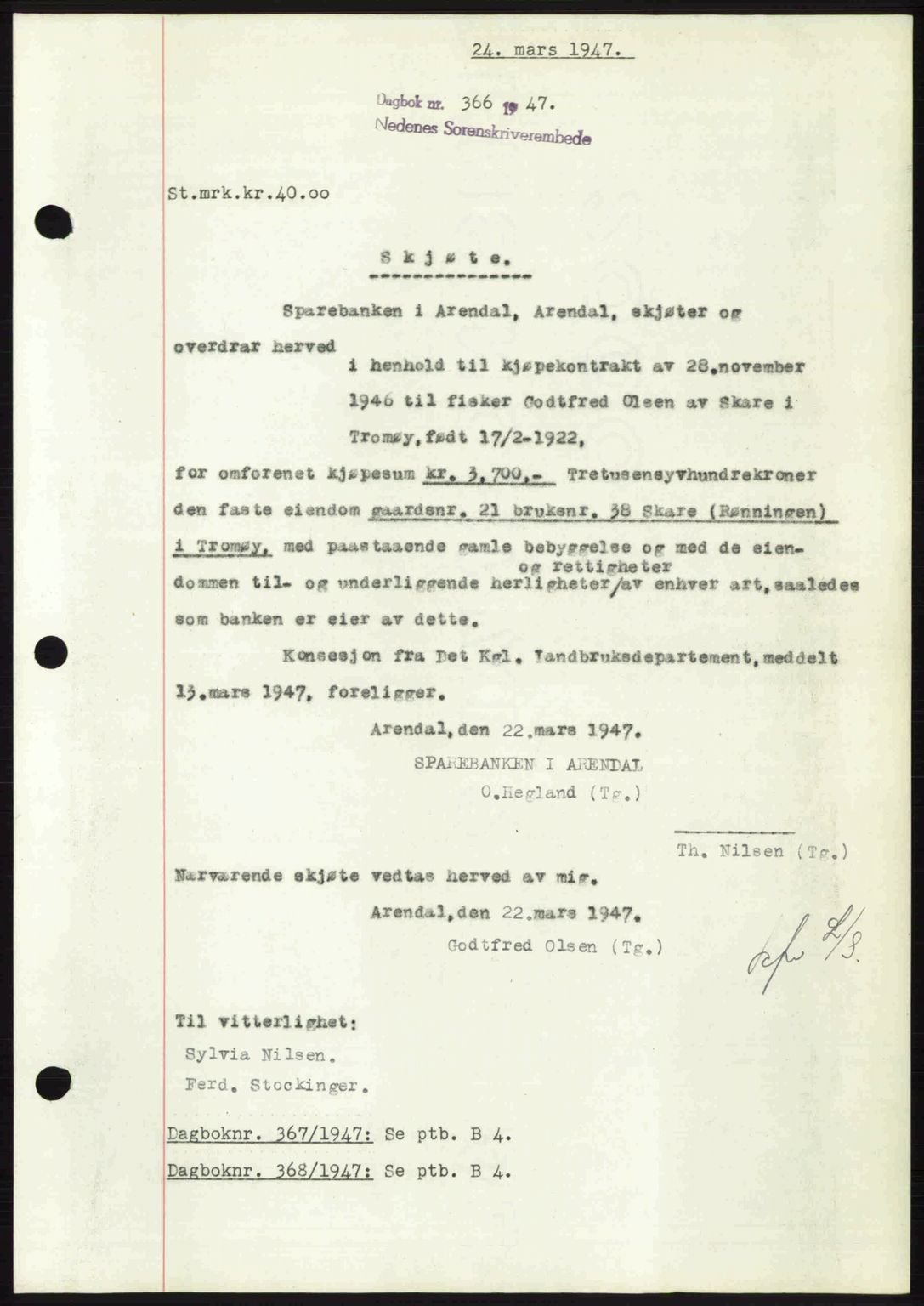 Nedenes sorenskriveri, SAK/1221-0006/G/Gb/Gba/L0057: Mortgage book no. A9, 1947-1947, Diary no: : 366/1947