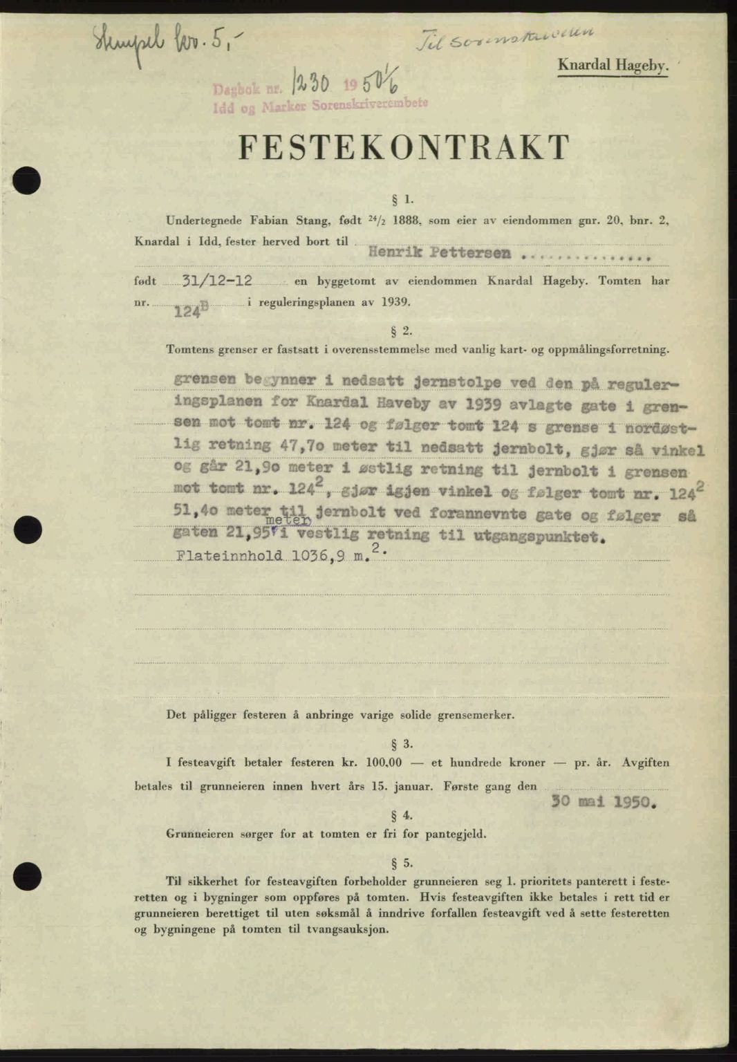 Idd og Marker sorenskriveri, AV/SAO-A-10283/G/Gb/Gbb/L0014: Mortgage book no. A14, 1950-1950, Diary no: : 1230/1950