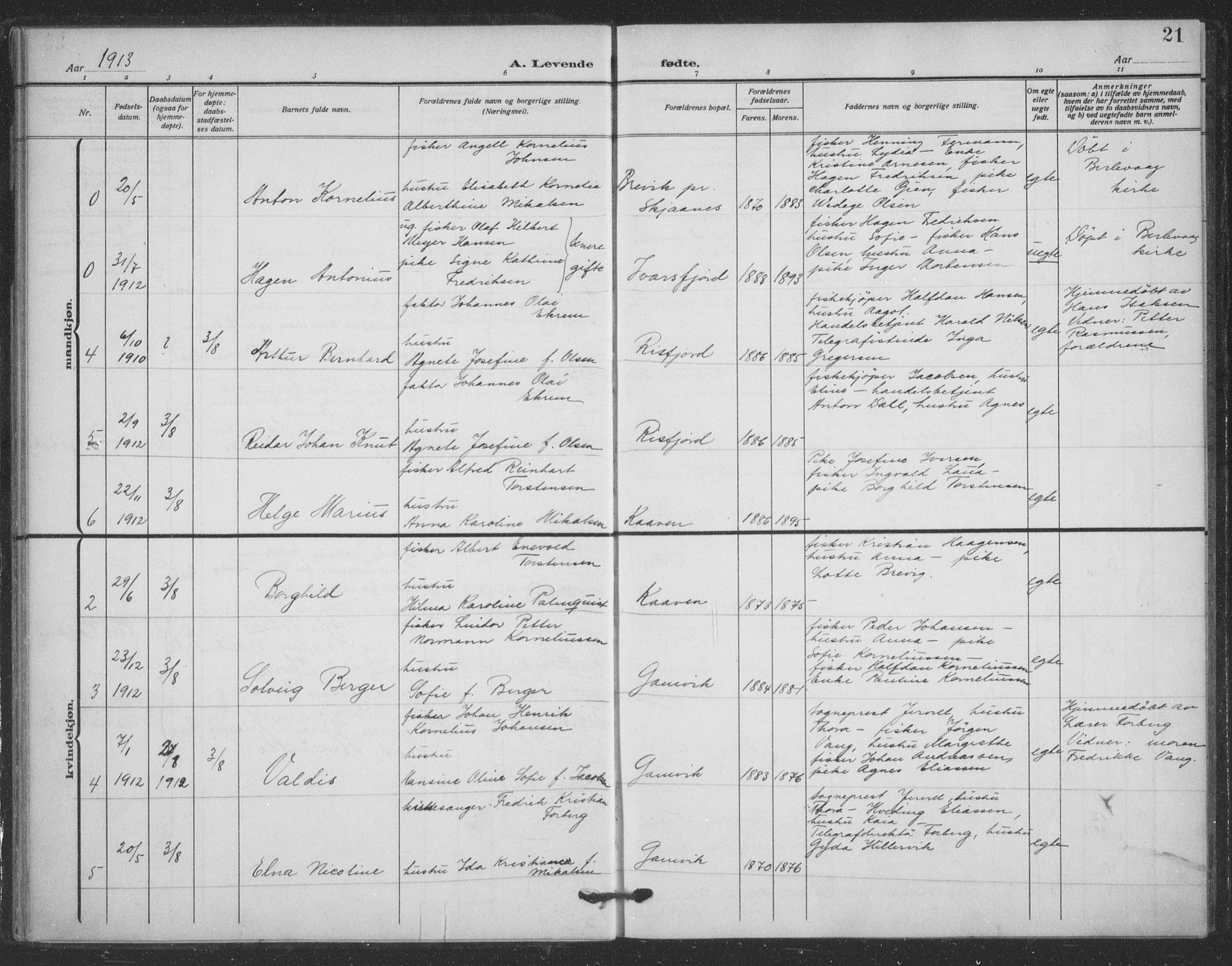 Tana sokneprestkontor, AV/SATØ-S-1334/H/Ha/L0008kirke: Parish register (official) no. 8, 1908-1920, p. 21