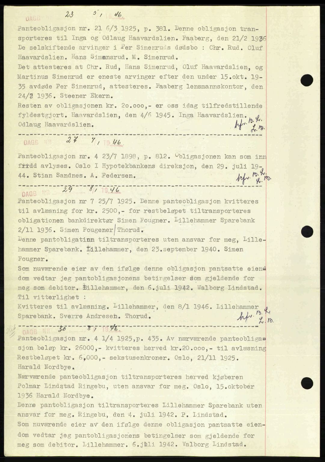 Sør-Gudbrandsdal tingrett, SAH/TING-004/H/Hb/Hbf/L0002: Mortgage book no. C1, 1938-1951, Diary no: : 23/1946