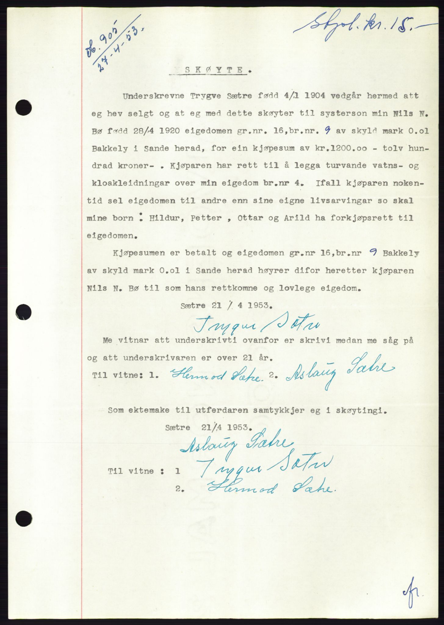 Søre Sunnmøre sorenskriveri, AV/SAT-A-4122/1/2/2C/L0094: Mortgage book no. 20A, 1953-1953, Diary no: : 905/1953