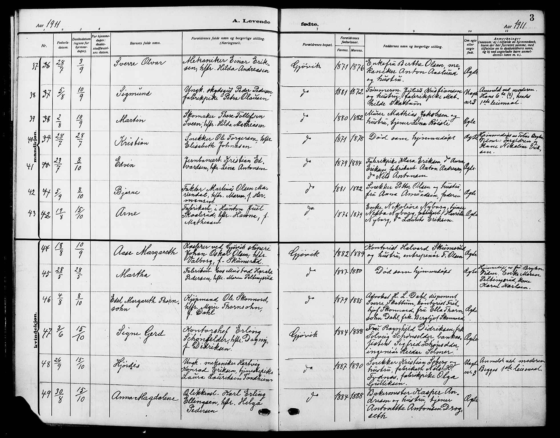 Vardal prestekontor, AV/SAH-PREST-100/H/Ha/Hab/L0014: Parish register (copy) no. 14, 1911-1922, p. 3