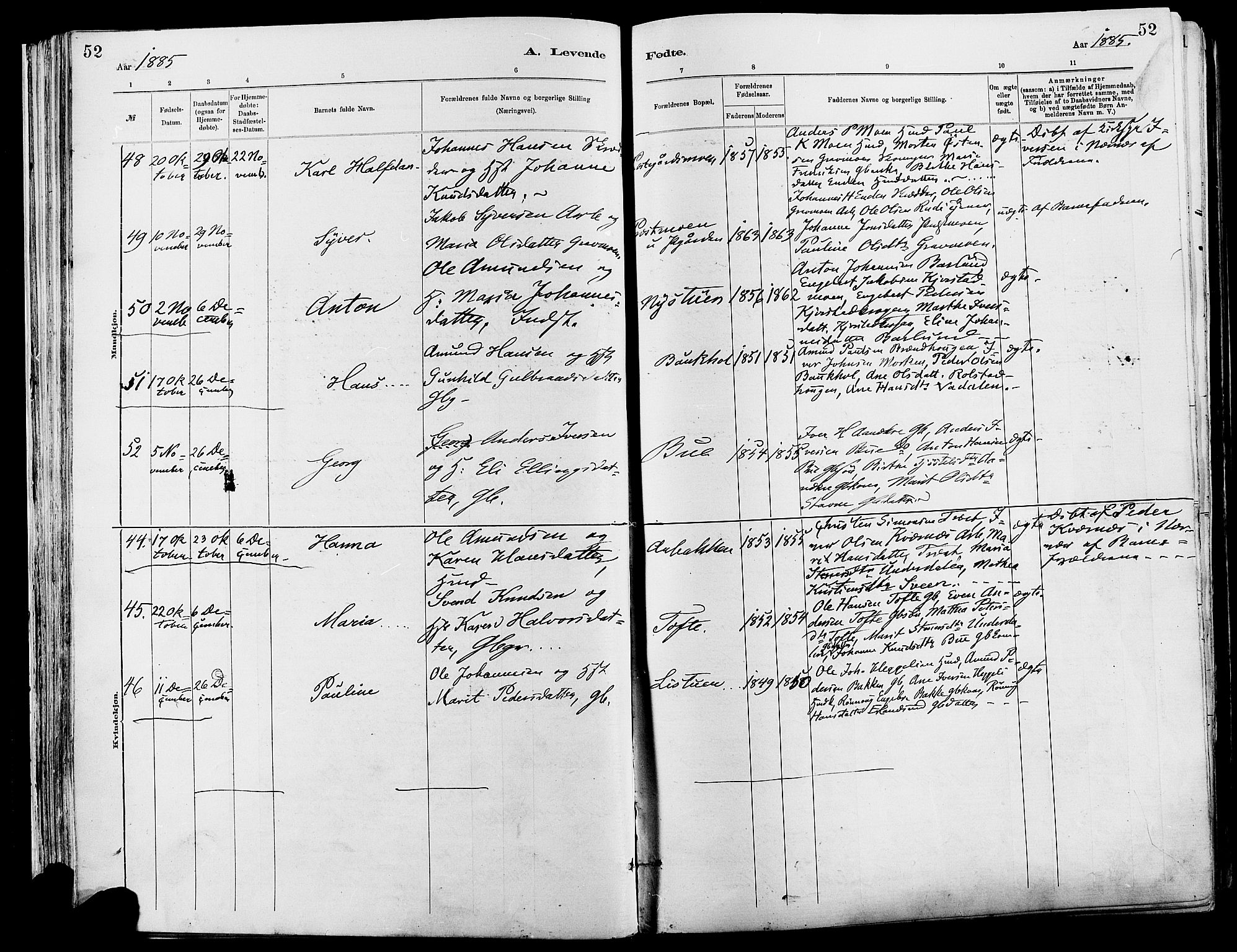 Sør-Fron prestekontor, AV/SAH-PREST-010/H/Ha/Haa/L0003: Parish register (official) no. 3, 1881-1897, p. 52
