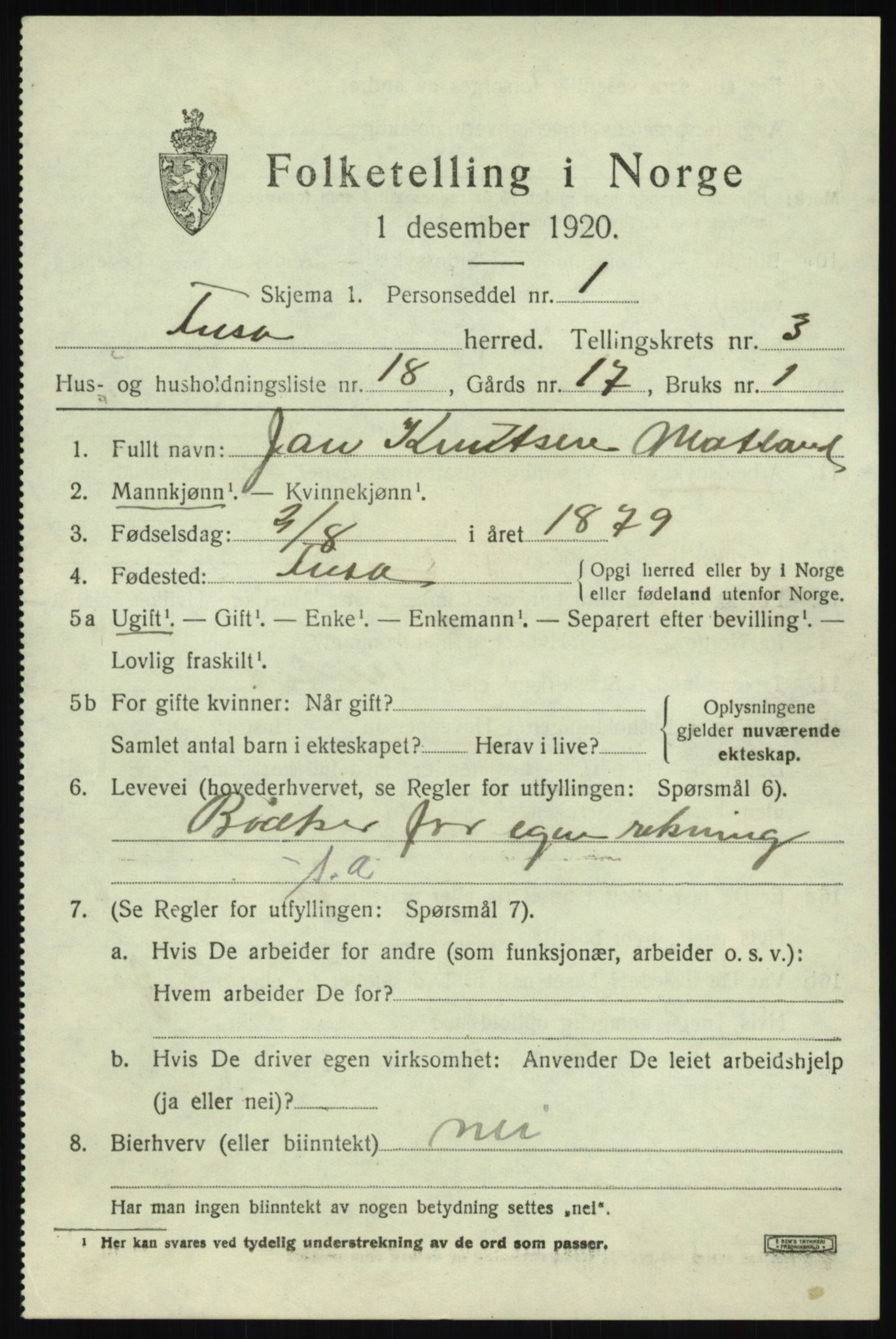 SAB, 1920 census for Fusa, 1920, p. 1541