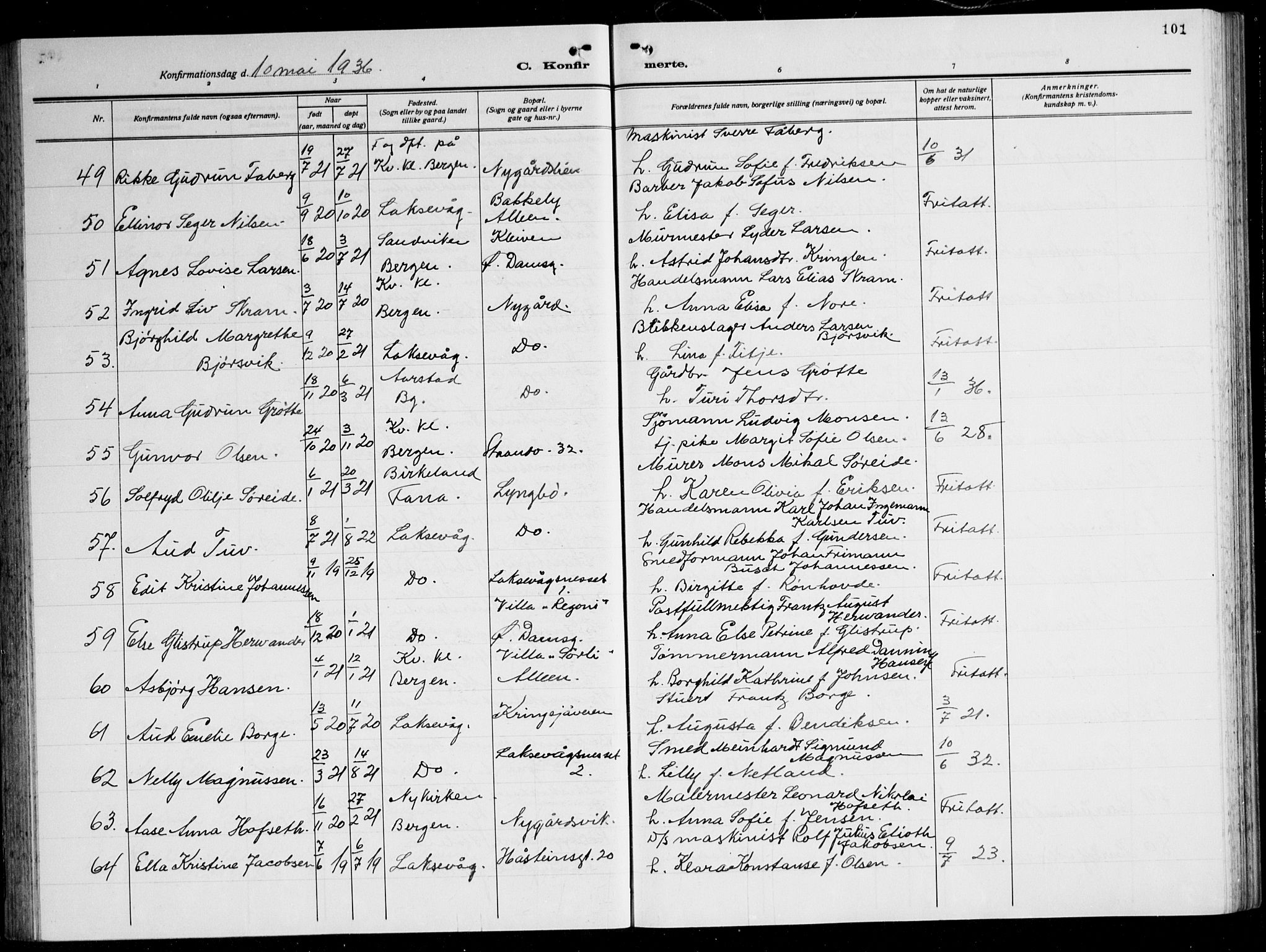 Laksevåg Sokneprestembete, AV/SAB-A-76501/H/Ha/Hab/Haba: Parish register (copy) no. A 10, 1925-1942, p. 101