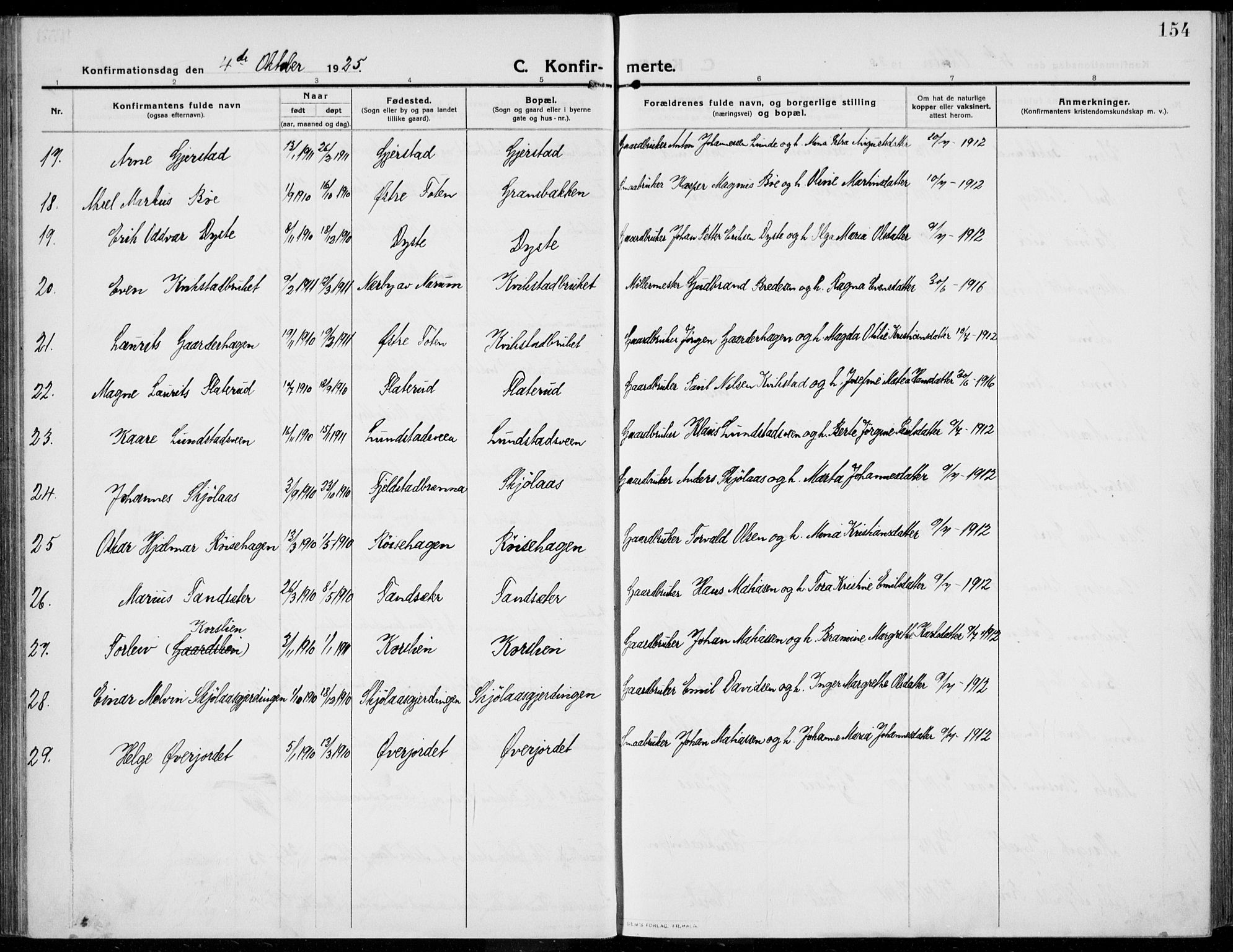 Kolbu prestekontor, SAH/PREST-110/H/Ha/Haa/L0002: Parish register (official) no. 2, 1912-1926, p. 154