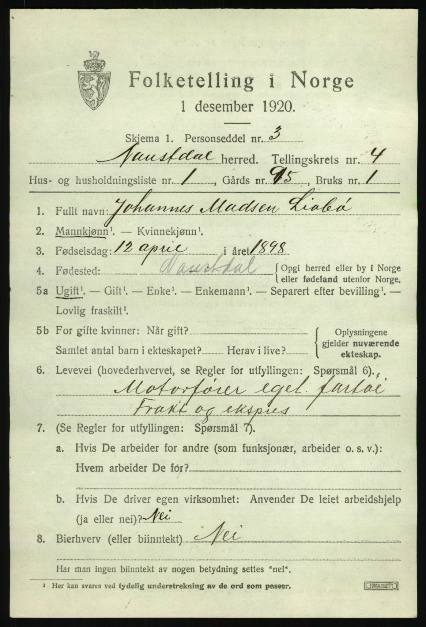 SAB, 1920 census for Naustdal, 1920, p. 2355