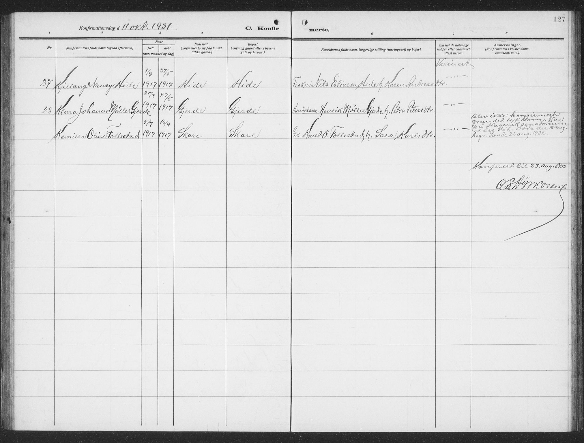 Ministerialprotokoller, klokkerbøker og fødselsregistre - Møre og Romsdal, SAT/A-1454/503/L0051: Parish register (copy) no. 503C06, 1923-1938, p. 127