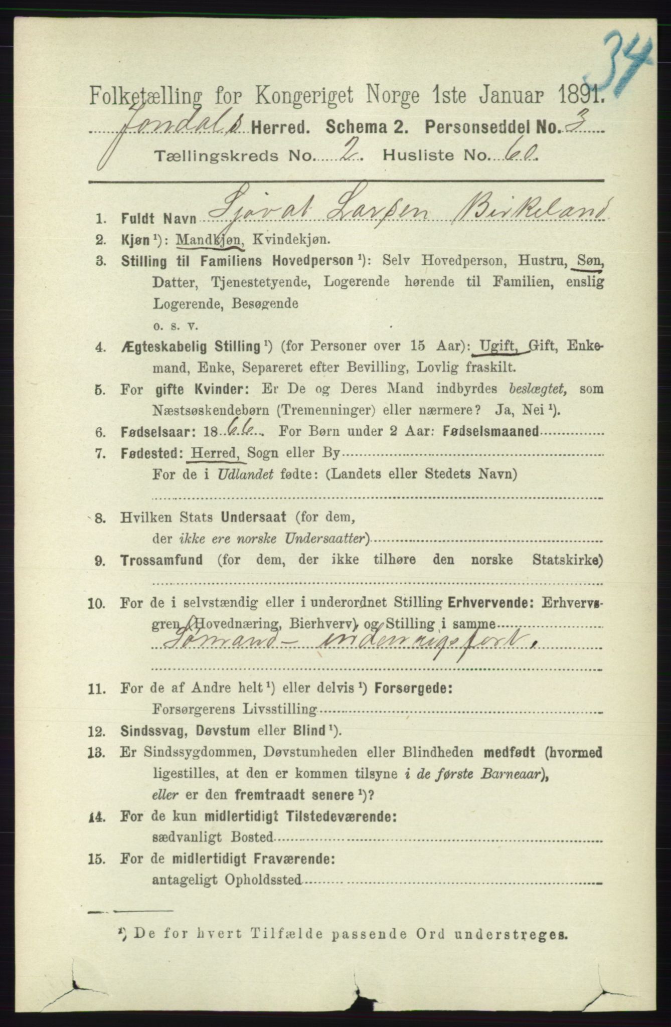 RA, 1891 census for 1227 Jondal, 1891, p. 1172