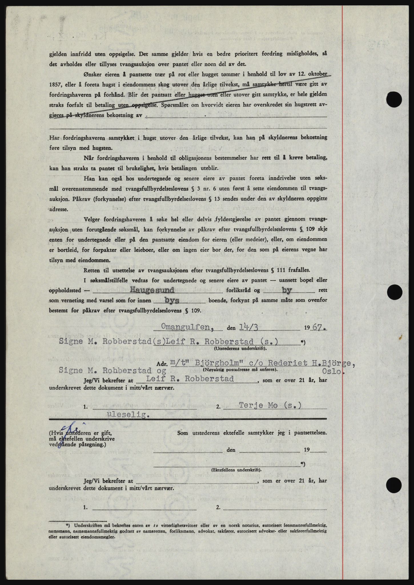 Haugesund tingrett, SAST/A-101415/01/II/IIC/L0056: Mortgage book no. B 56, 1966-1967, Diary no: : 814/1967