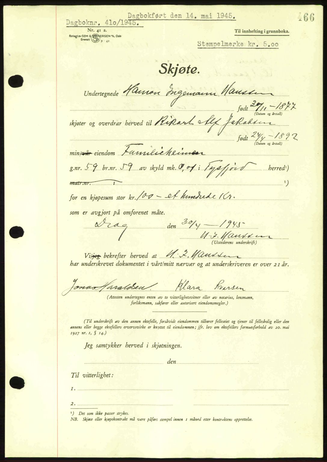 Steigen og Ofoten sorenskriveri, AV/SAT-A-0030/1/2/2C: Mortgage book no. A11, 1944-1945, Diary no: : 410/1945