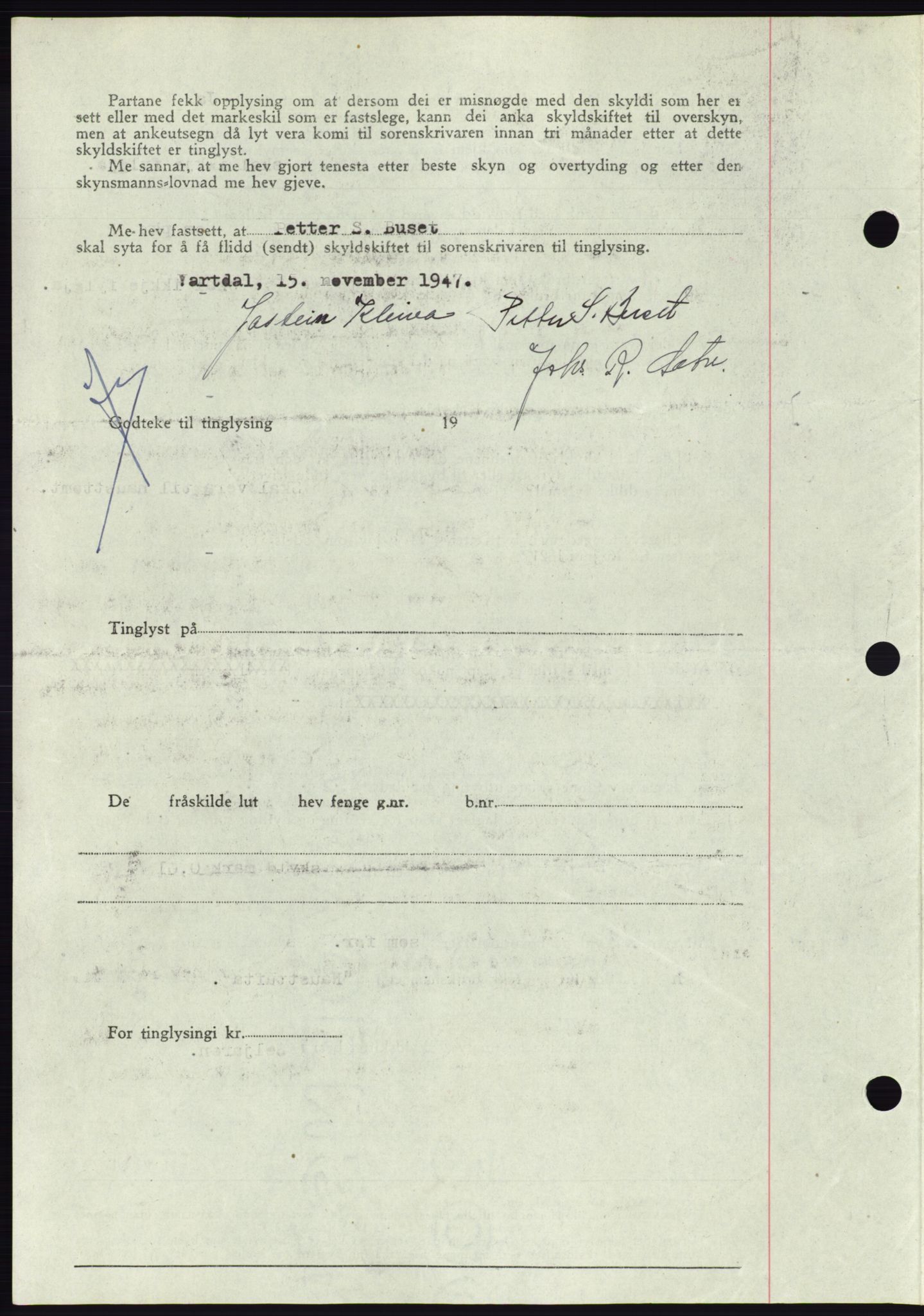 Søre Sunnmøre sorenskriveri, AV/SAT-A-4122/1/2/2C/L0081: Mortgage book no. 7A, 1947-1948, Diary no: : 1709/1947