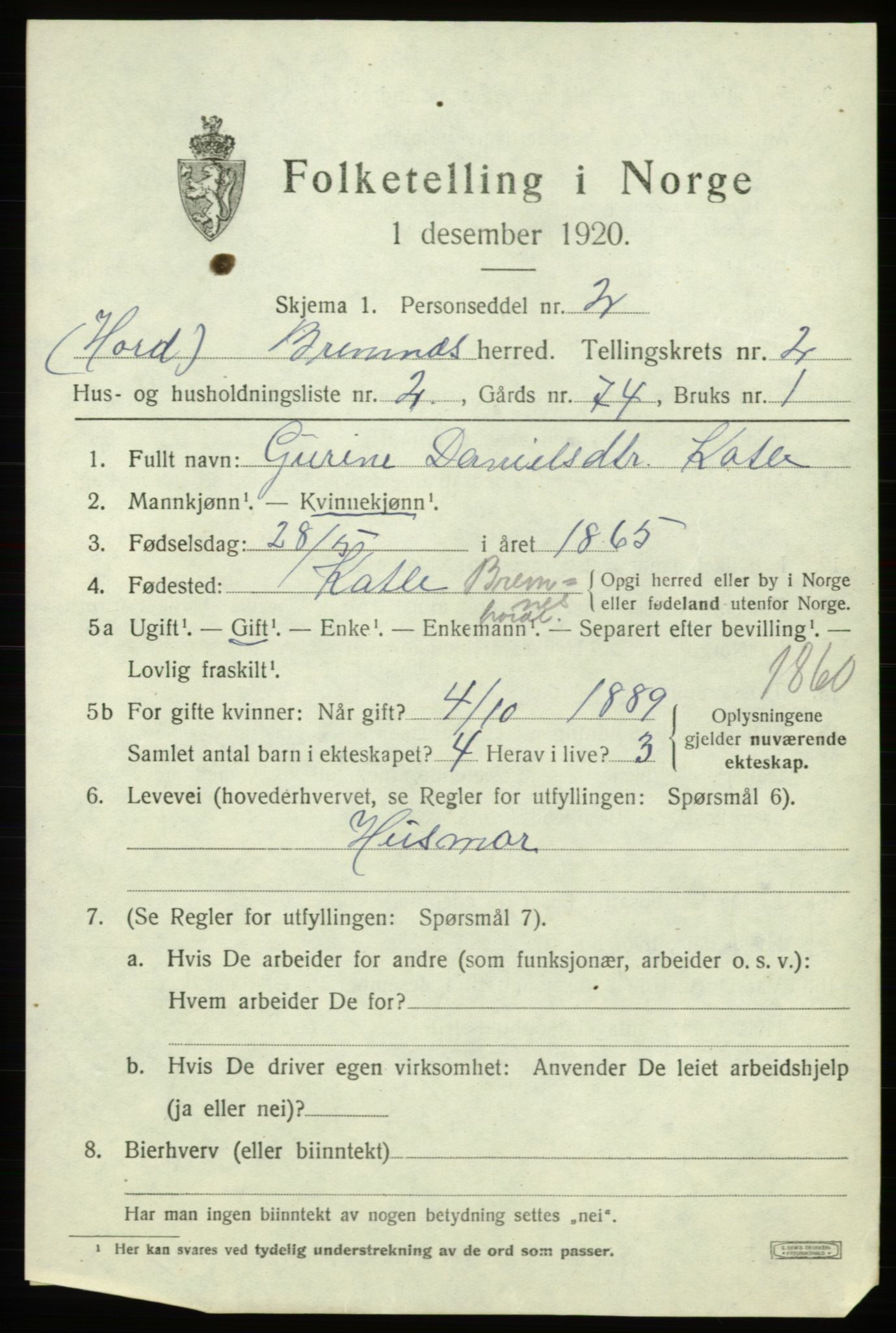 SAB, 1920 census for Bremnes, 1920, p. 1320