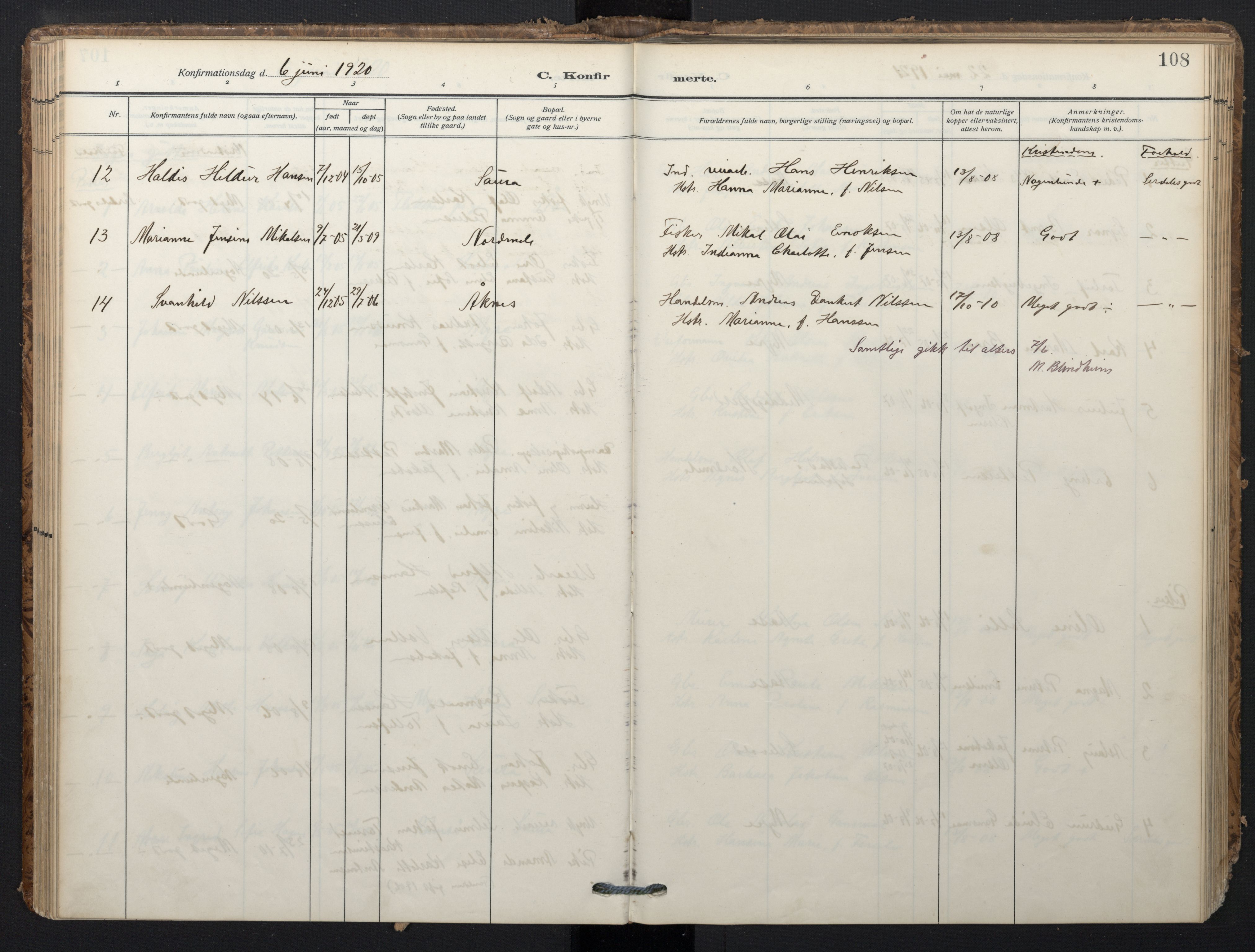 Ministerialprotokoller, klokkerbøker og fødselsregistre - Nordland, SAT/A-1459/897/L1401: Parish register (official) no. 897A08, 1909-1921, p. 108